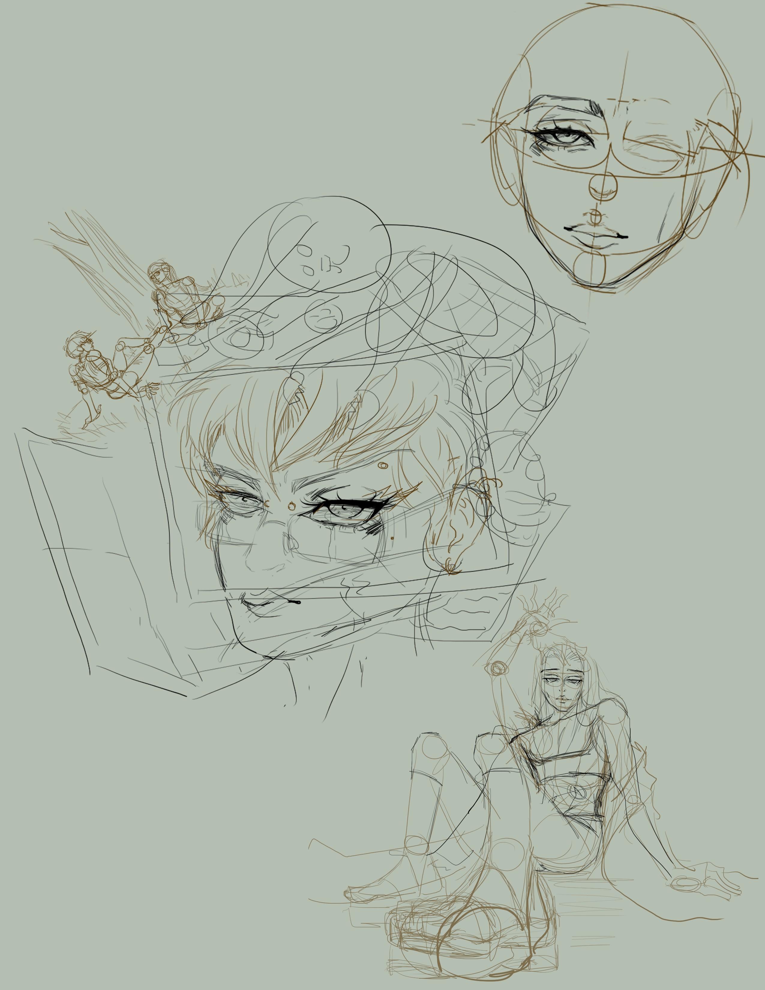 Sketch of multiple human faces and a seated person, with some figures and facial features partially drawn, on a light background.