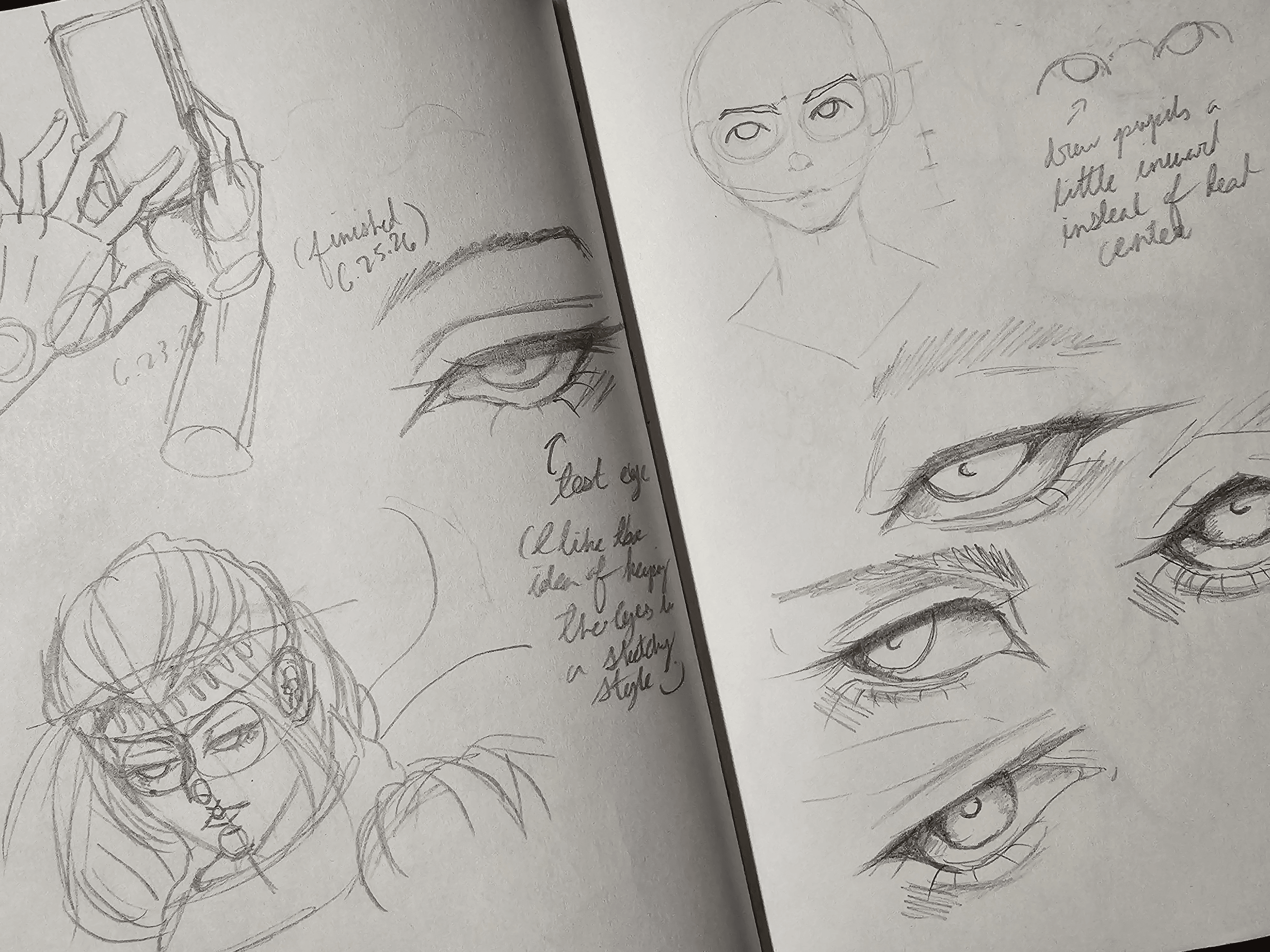 Sketches of eyes, a face, and a hand holding a pen, with handwritten notes and annotations.