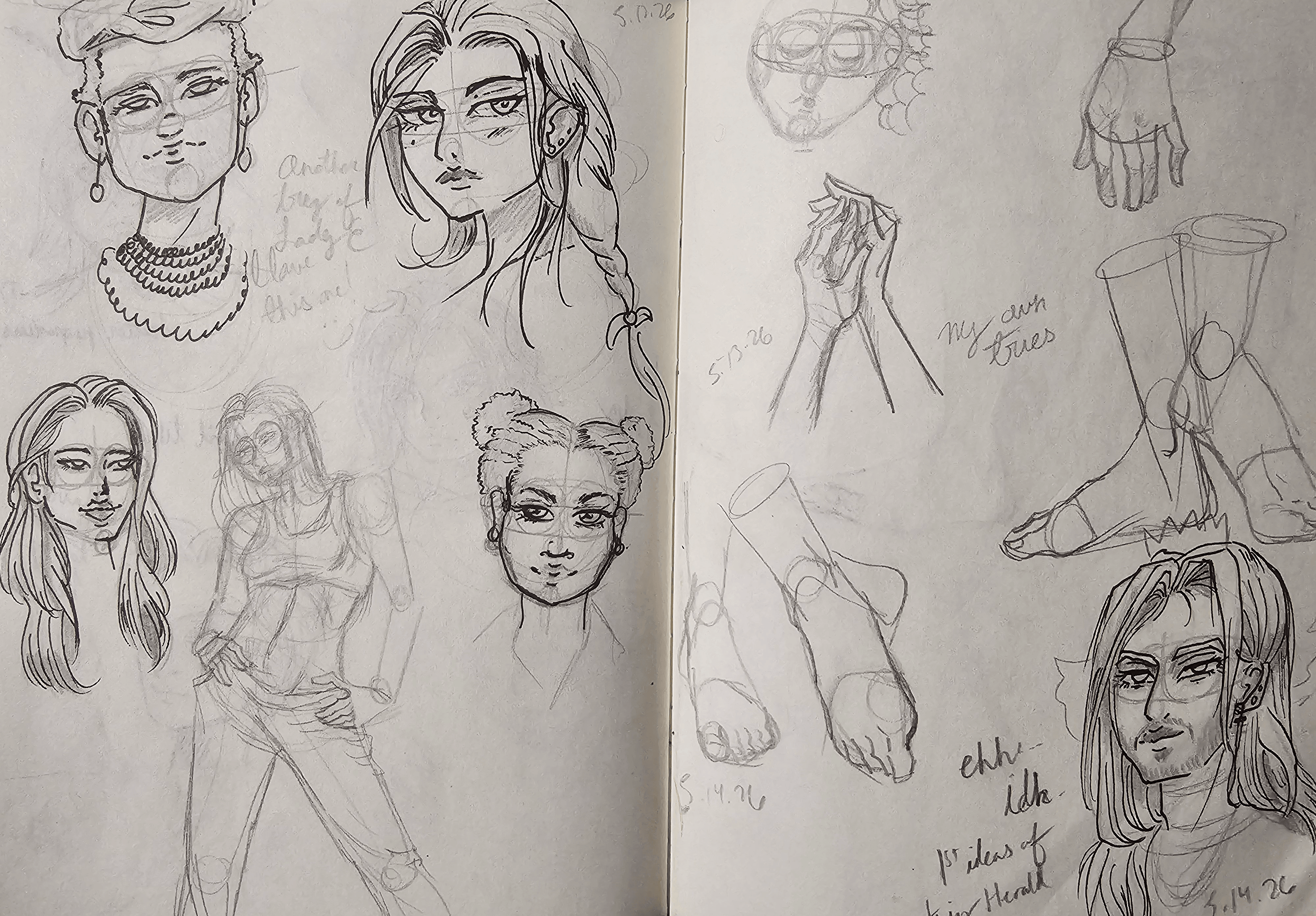 Sketches of various female faces, hands, and feet, with some clothing and pose studies, on paper.