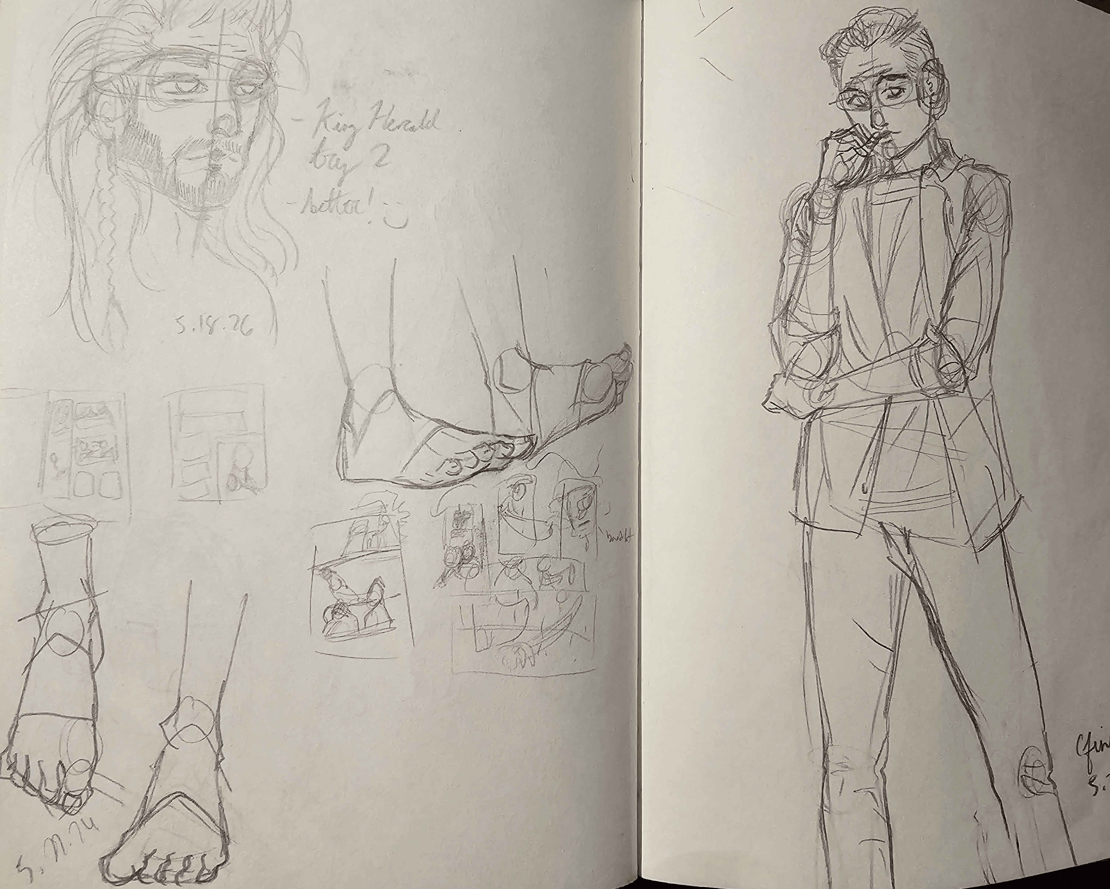 Sketches of a person with glasses, a foot, a hand, and small figure studies, with a full-body drawing of a person standing with arms crossed.