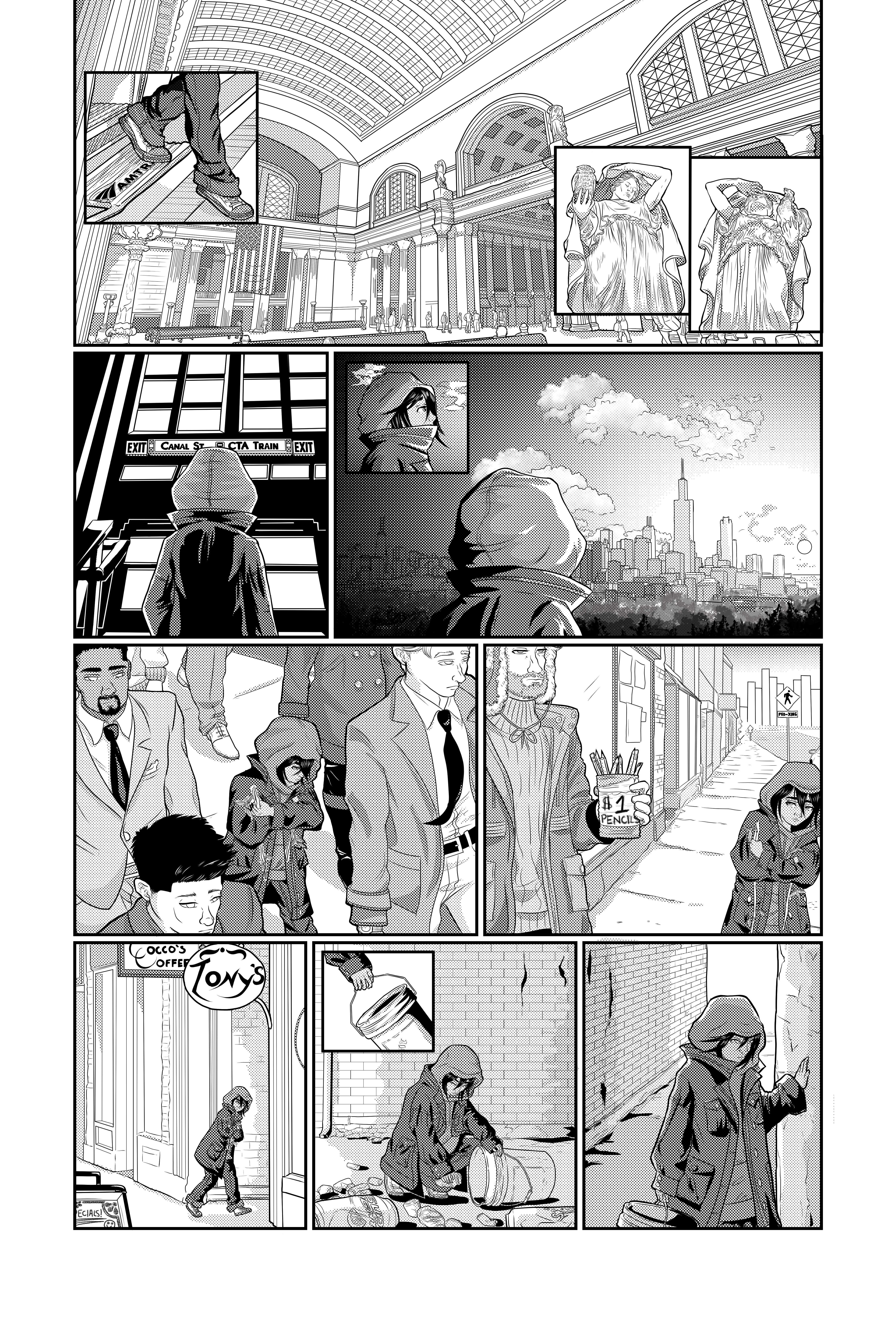 Comic page with scenes of a person walking in a city, looking out a window, and interacting with others, in black and white.