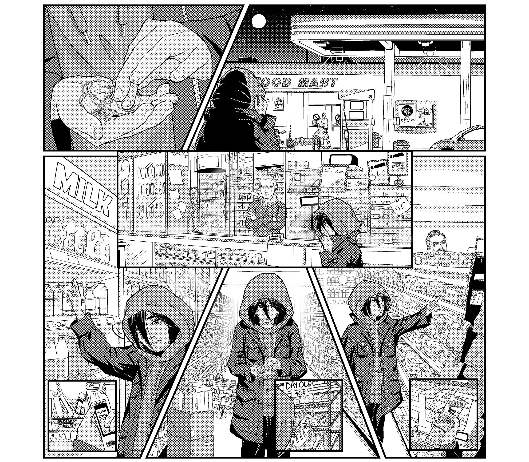 People shopping at a grocery store, with children in hooded jackets and a person at a checkout counter, in black and white.