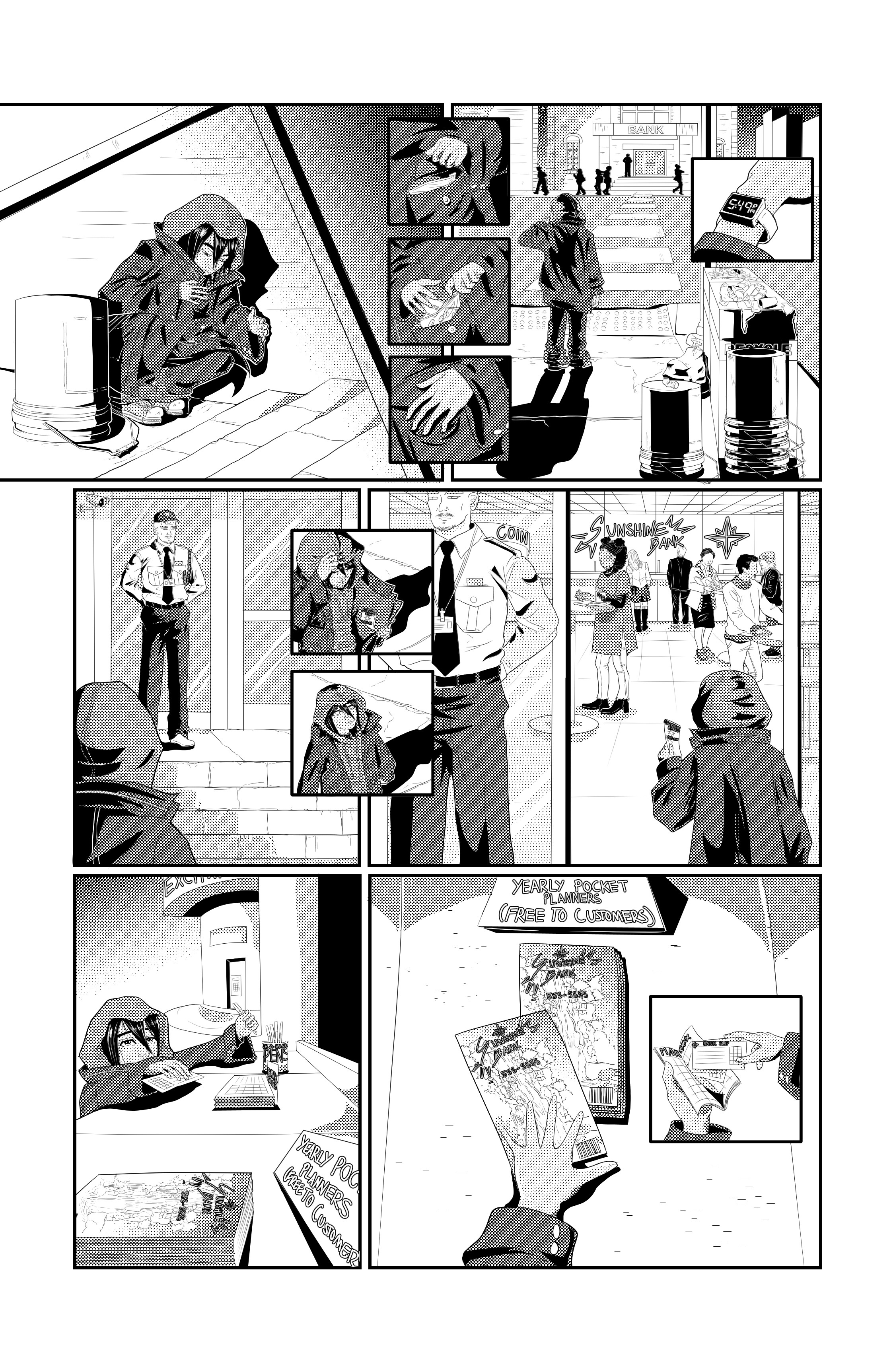 Comic strip with people in various settings, including a person sitting on the ground, handshakes, and a person reading a document.