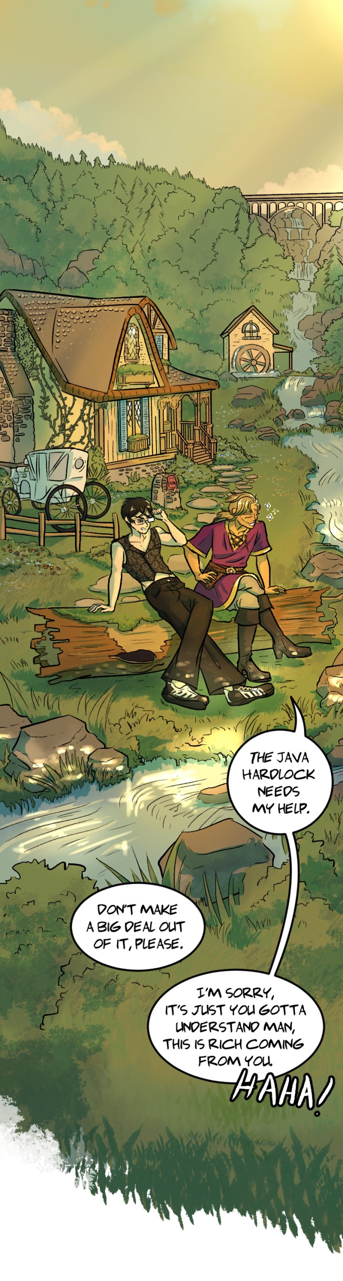Two people sitting on a bench near a river, with houses and trees in the background, engaging in conversation.