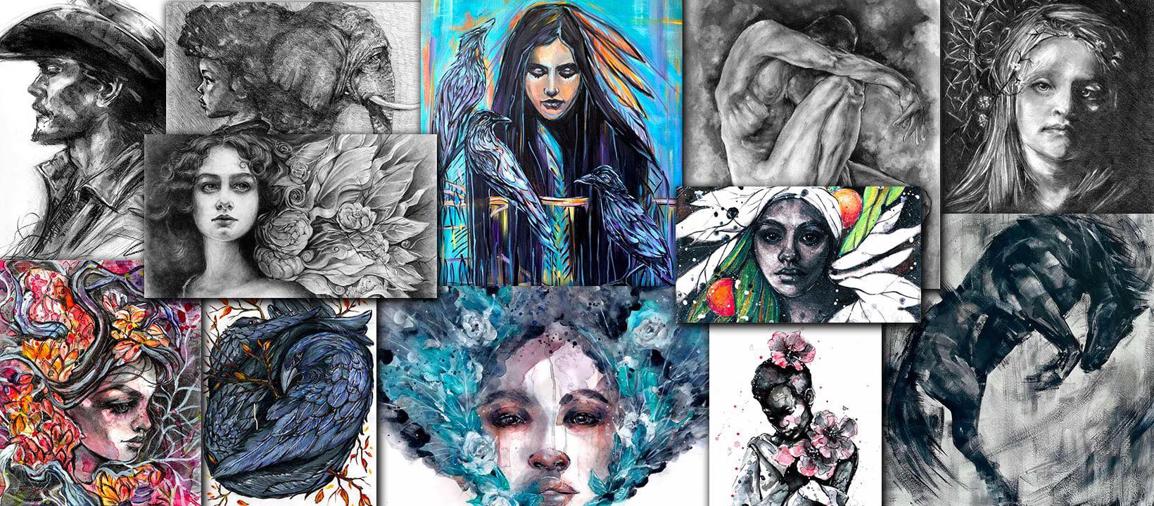 Collage of various artistic portraits and illustrations, including sketches, paintings, and digital art, featuring diverse styles and subjects.