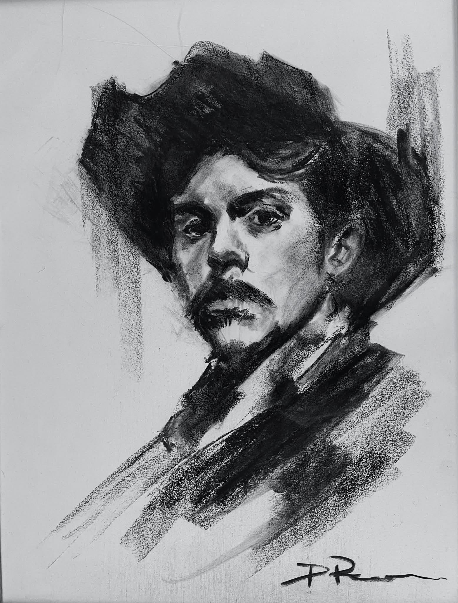 Black and white portrait of a person with dark, wavy hair, intense expression, and a serious gaze, signed at the bottom right.