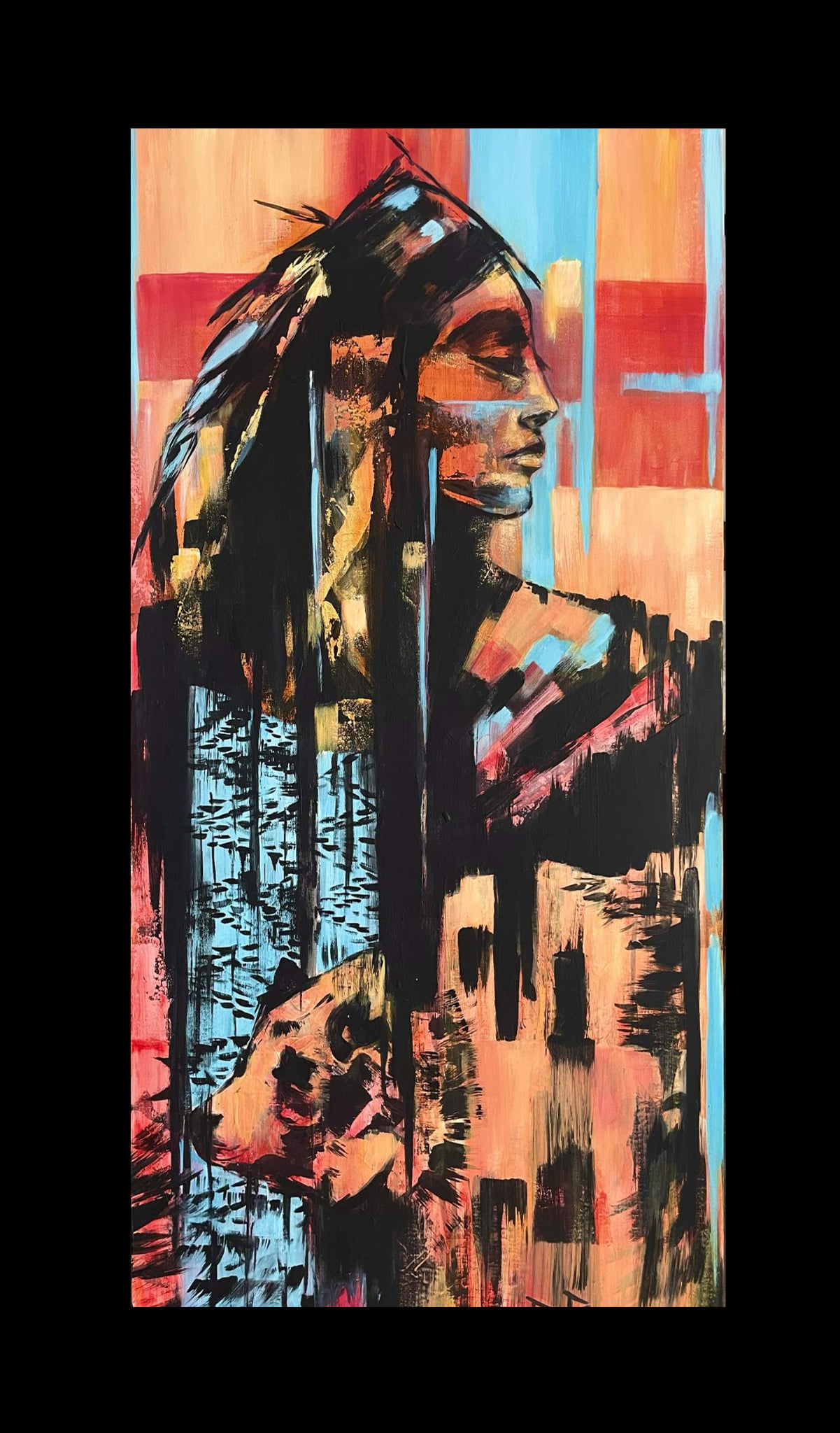 Abstract portrait of a woman with long hair, colorful background, and textured brushstrokes.