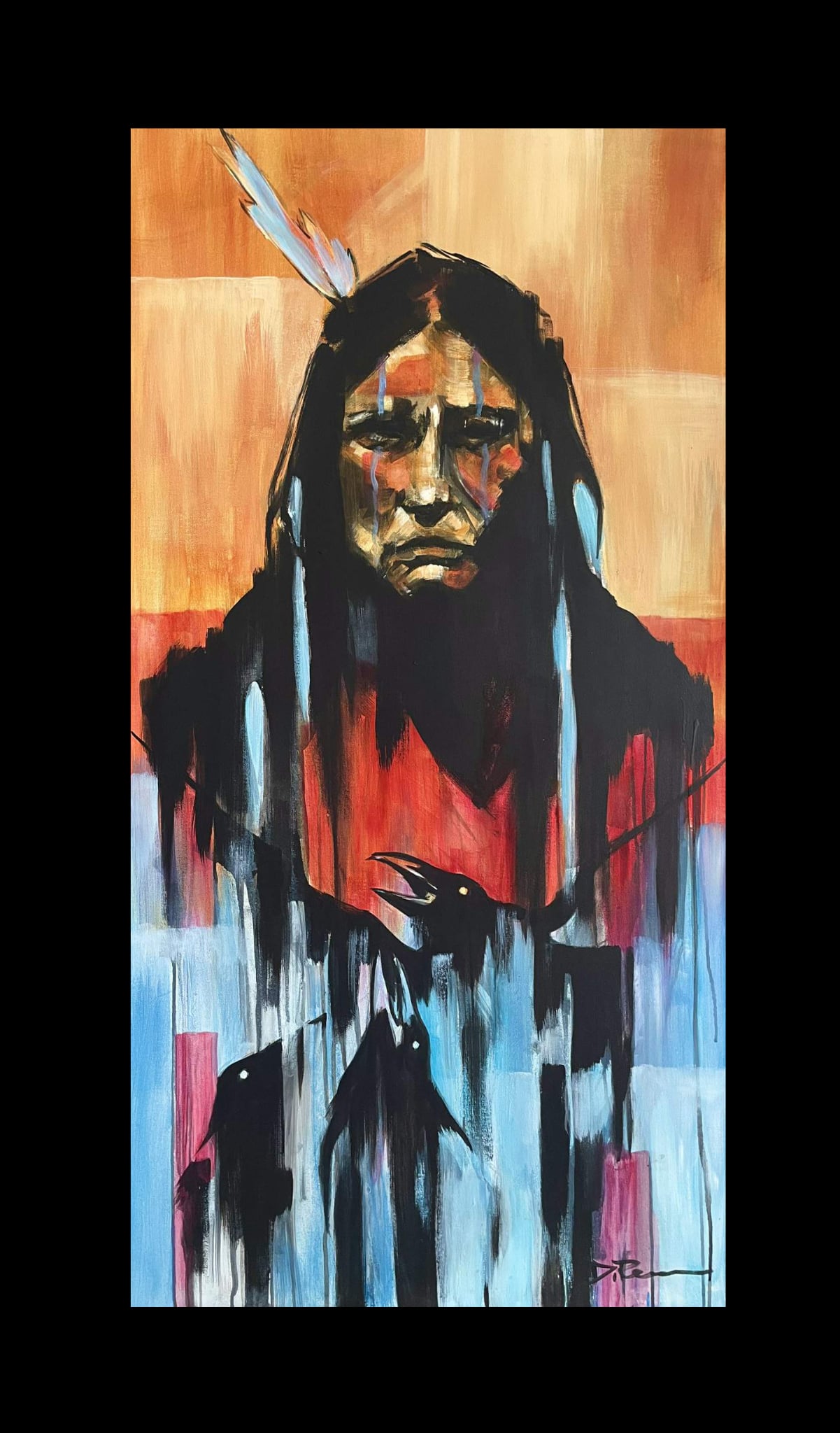 Portrait of a person with long hair, painted in an abstract style with bold colors and brushstrokes.