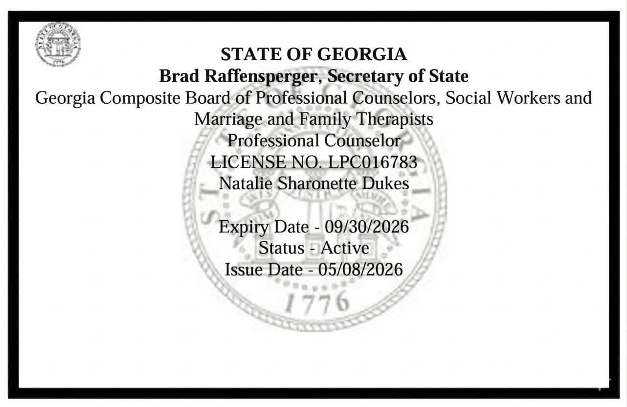 Georgia professional counselor license with name, license number, expiry date, and status, issued in 2026.