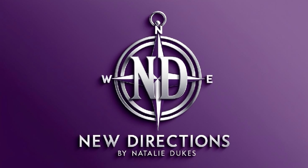 Logo with compass and text 'New Directions' on purple background.