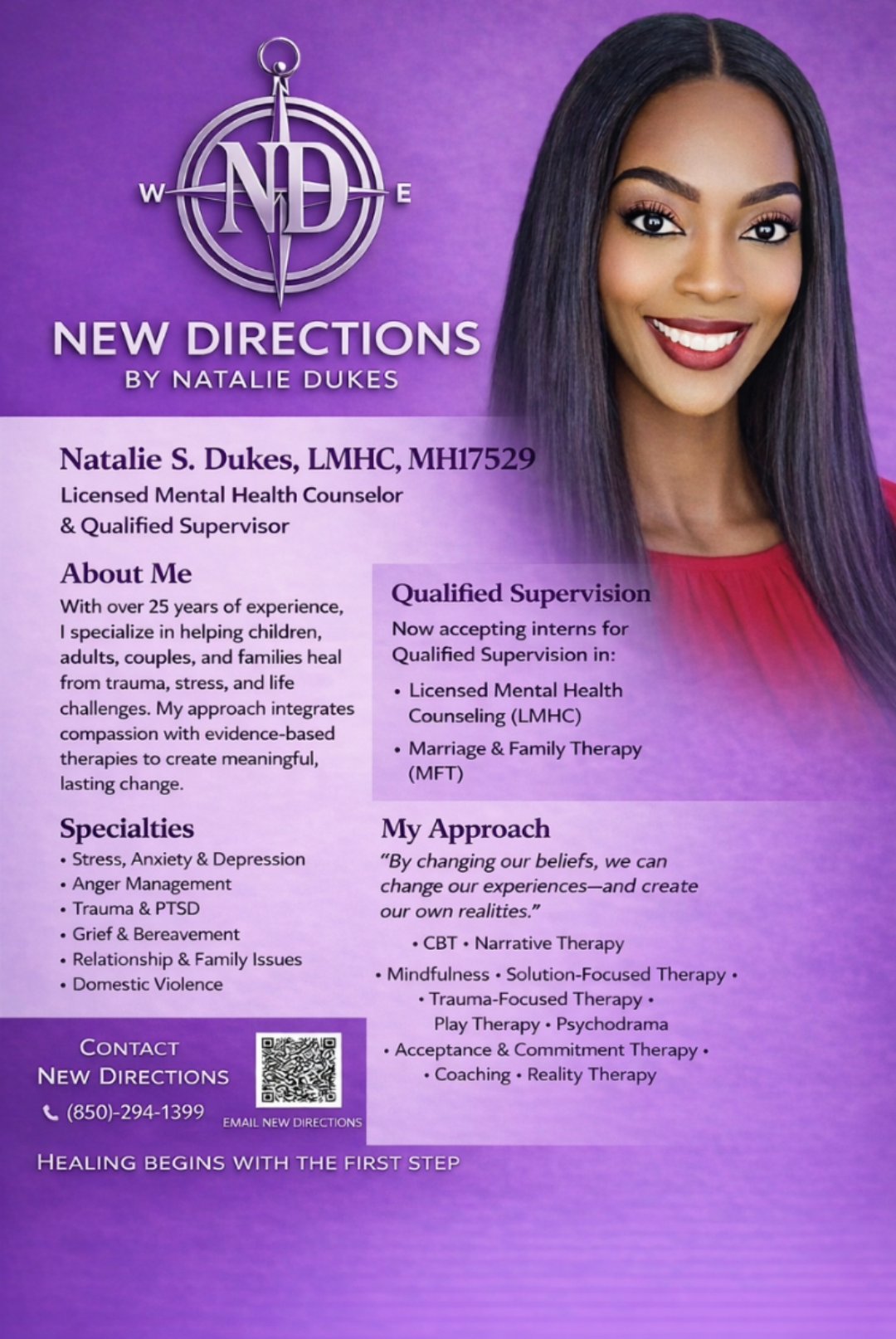 Purple flyer with a smiling woman, logo, and text about a beauty or makeup service, including contact details.