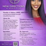 Purple flyer with a smiling woman, logo, and text about a beauty or makeup service, including contact details.