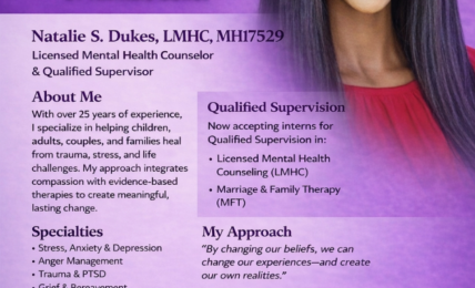 Purple flyer with a smiling woman, logo, and text about a beauty or makeup service, including contact details.