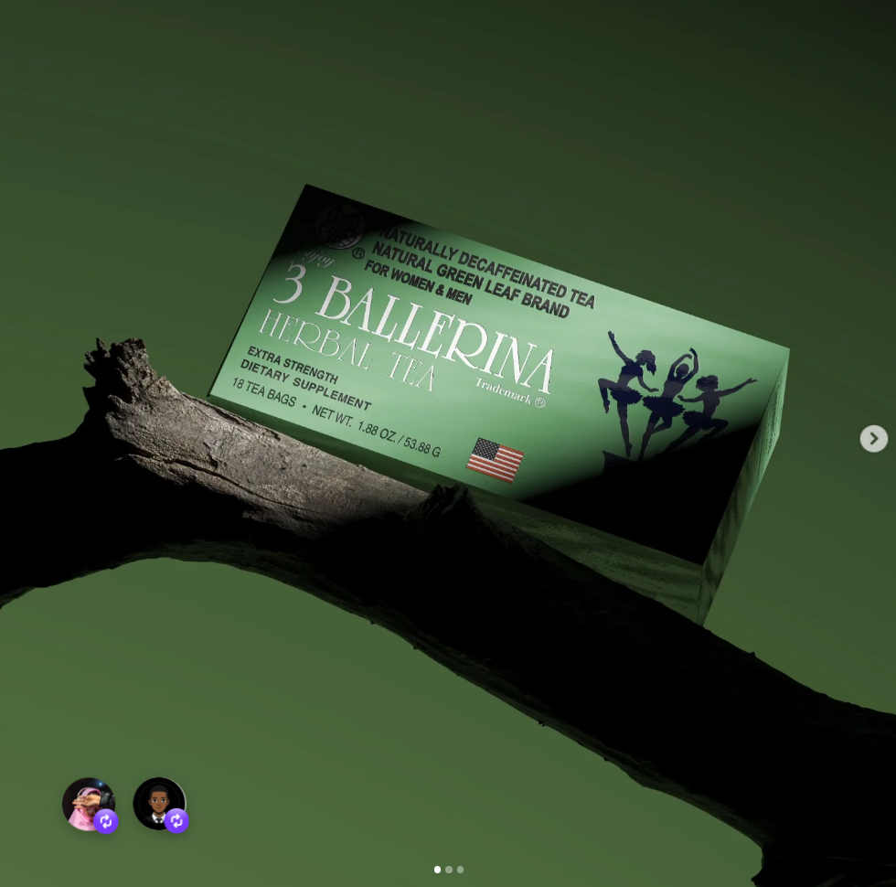 Box of natural decaffeinated green tea with dancing figures, green background, and American flag, lying on a branch.