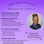 Business card with purple background, butterfly, and text about therapy services and contact information.