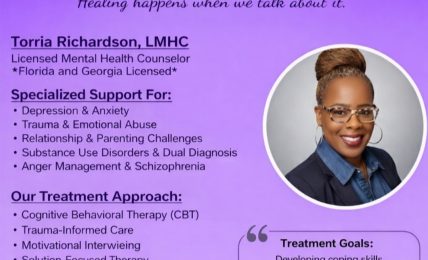 Business card with purple background, butterfly, and text about therapy services and contact information.