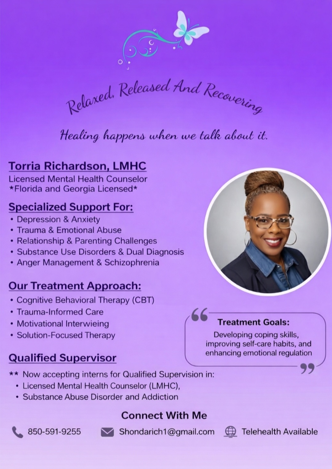 Business card with purple background, butterfly, and text about therapy services and contact information.