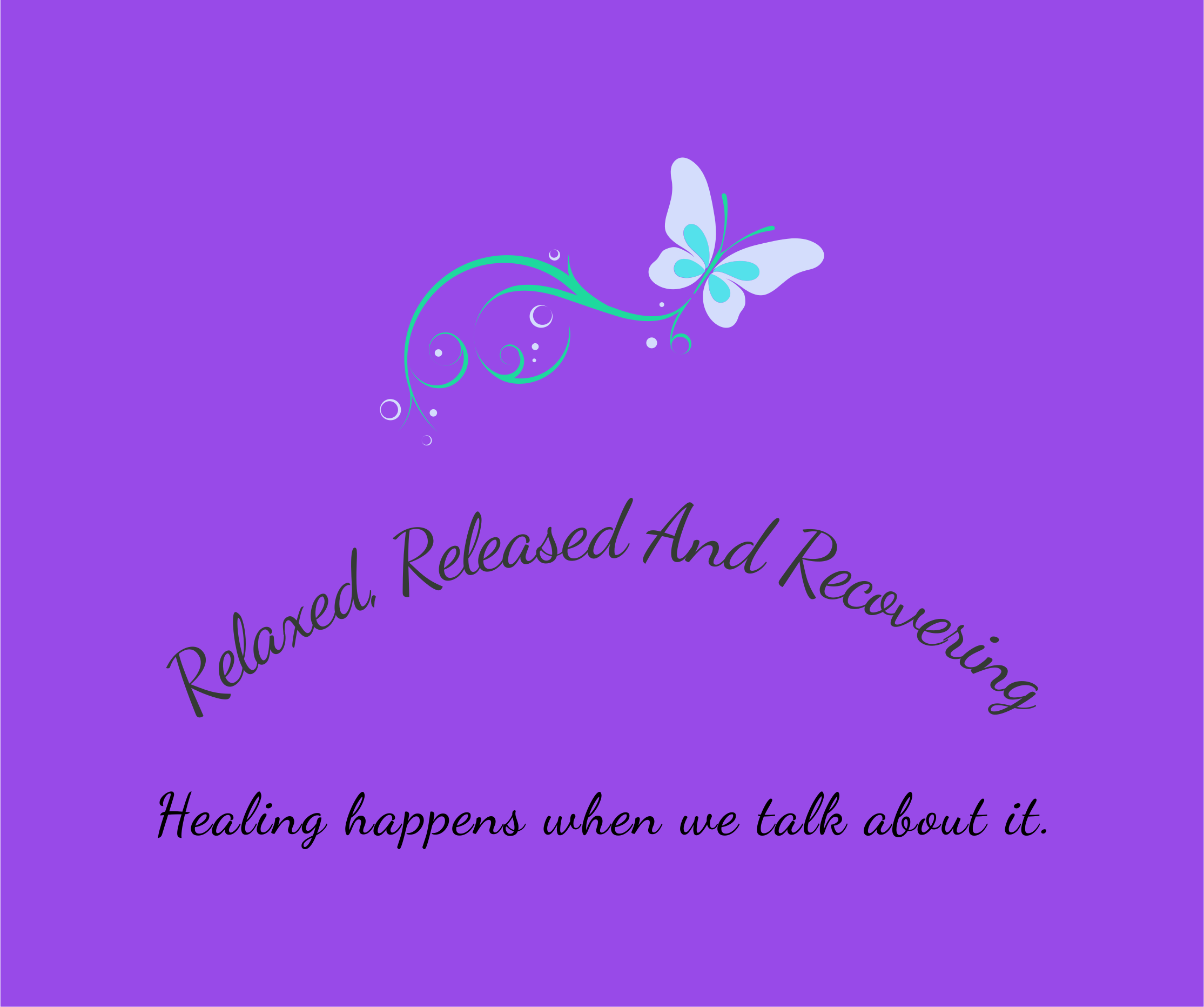 Purple background with a butterfly and swirling design, text about relaxation and healing, and a quote about talking and recovery.