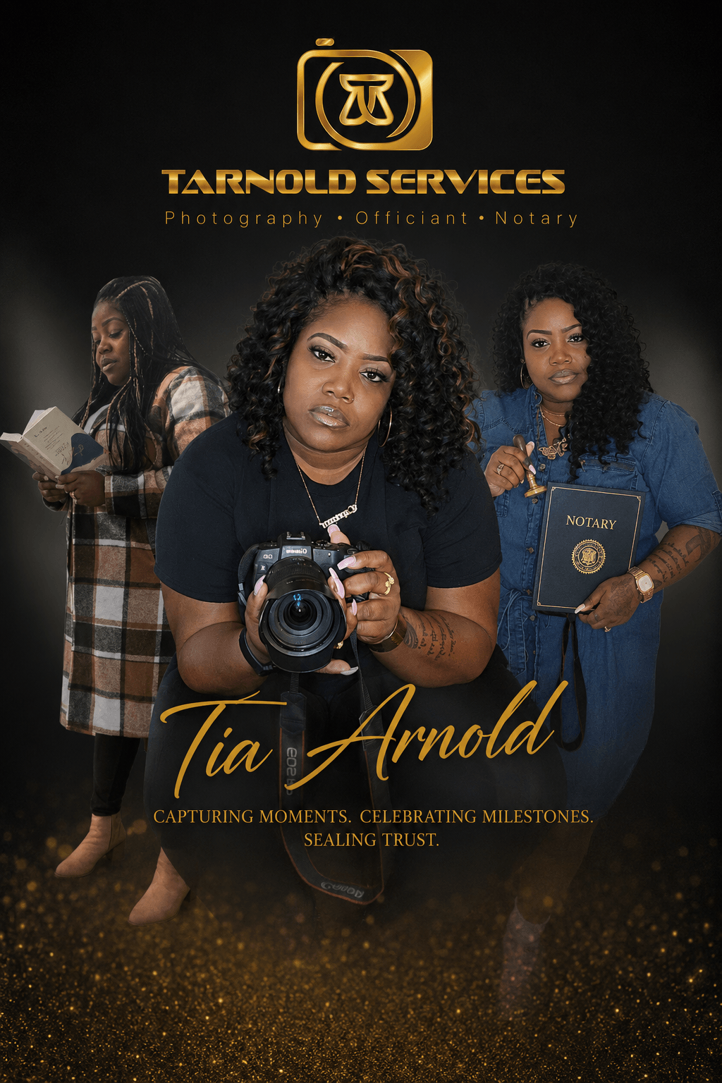Three women, one holding a camera, in front of a black background with gold text and logo, celebrating milestones.