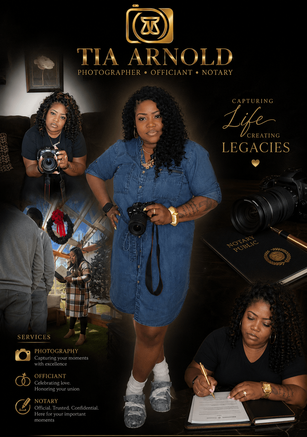 Promotional image featuring Tia Arnold, a photographer and notary, with cameras, a woman writing, and outdoor scenes, black background.