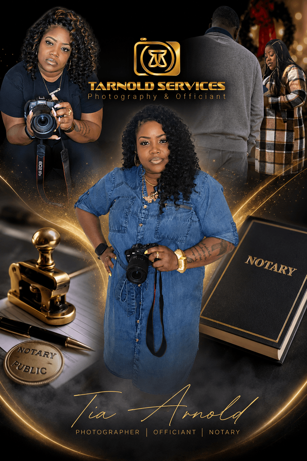 Two women holding cameras, one in a blue dress and one in a black top, with notary and photography elements in the background.