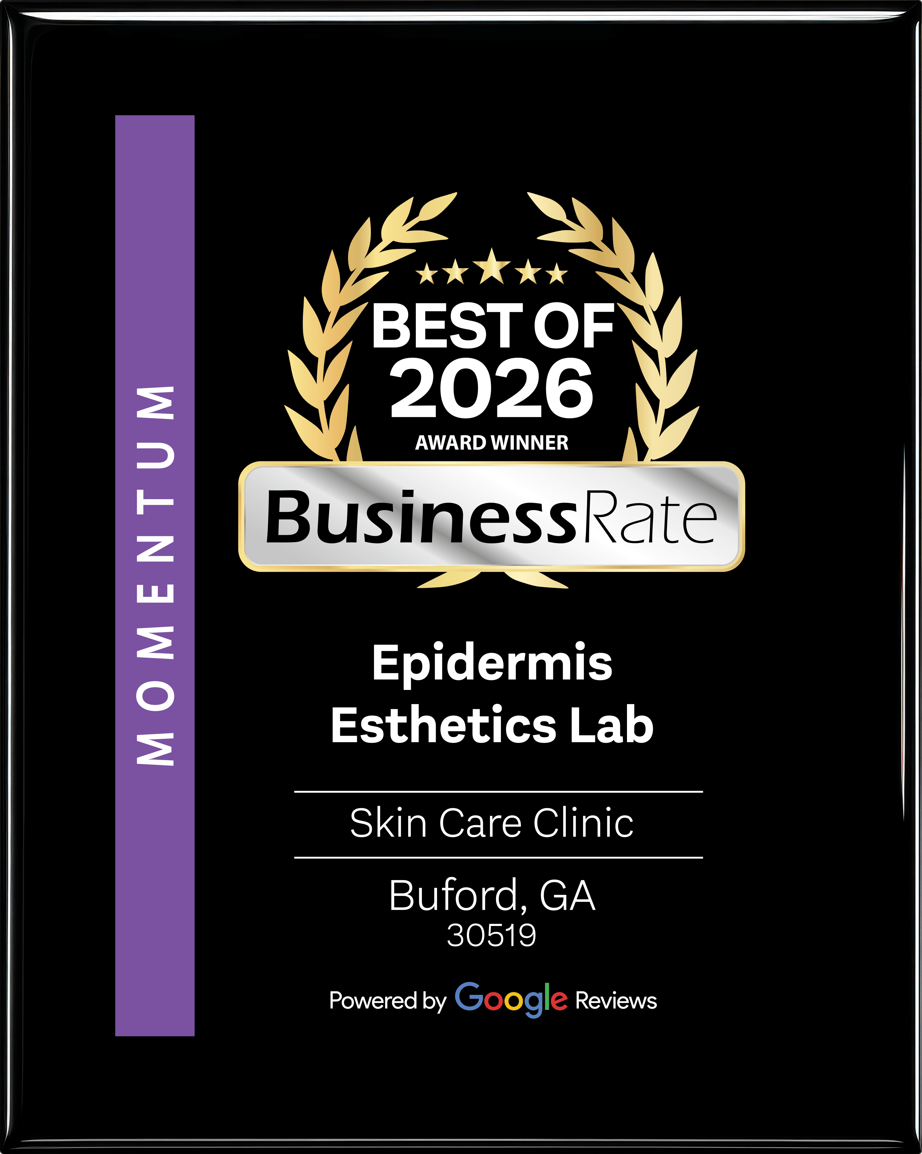 Award plaque with gold laurel wreath, text about Best of 2026, BusinessRate, Epidermis Esthetics Lab, Skin Care Clinic, Buford, Georgia.