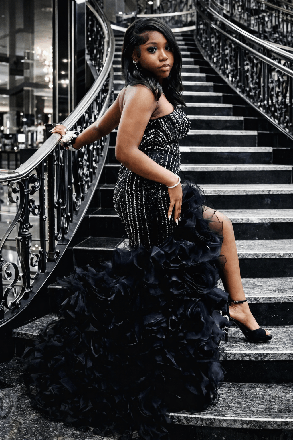 Woman in a black, ruffled gown on a staircase with ornate railing, looking at the camera, hand on railing.