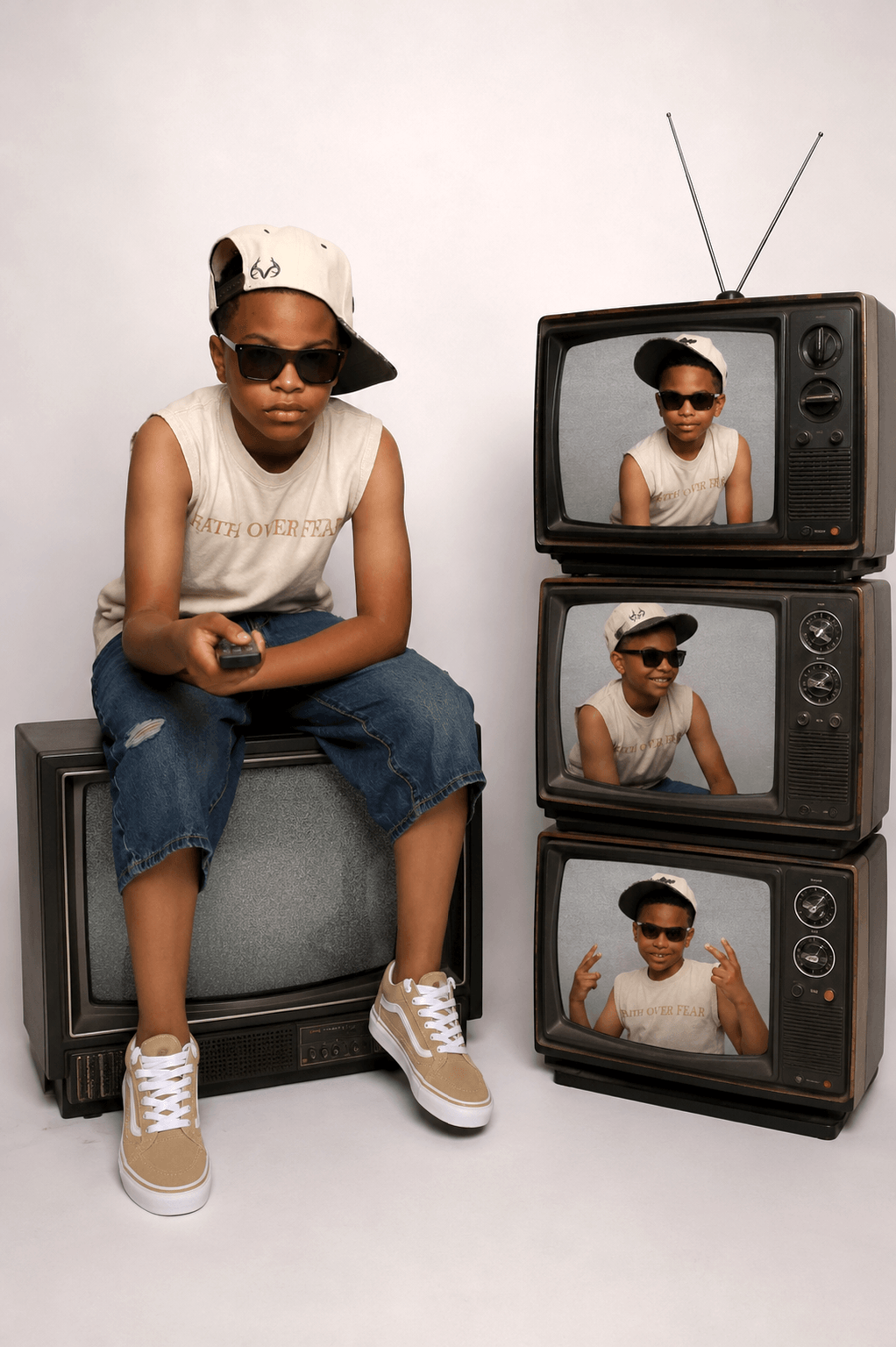 Young person wearing sunglasses, a cap, and casual clothes, sitting on a vintage TV, with stacked old TVs displaying their reflection.