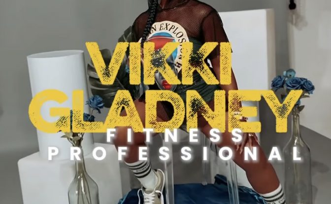 Person sitting on a white chair with a blue bag on the floor, text overlay reads 'Vikki Gladney Fitness Professional'.