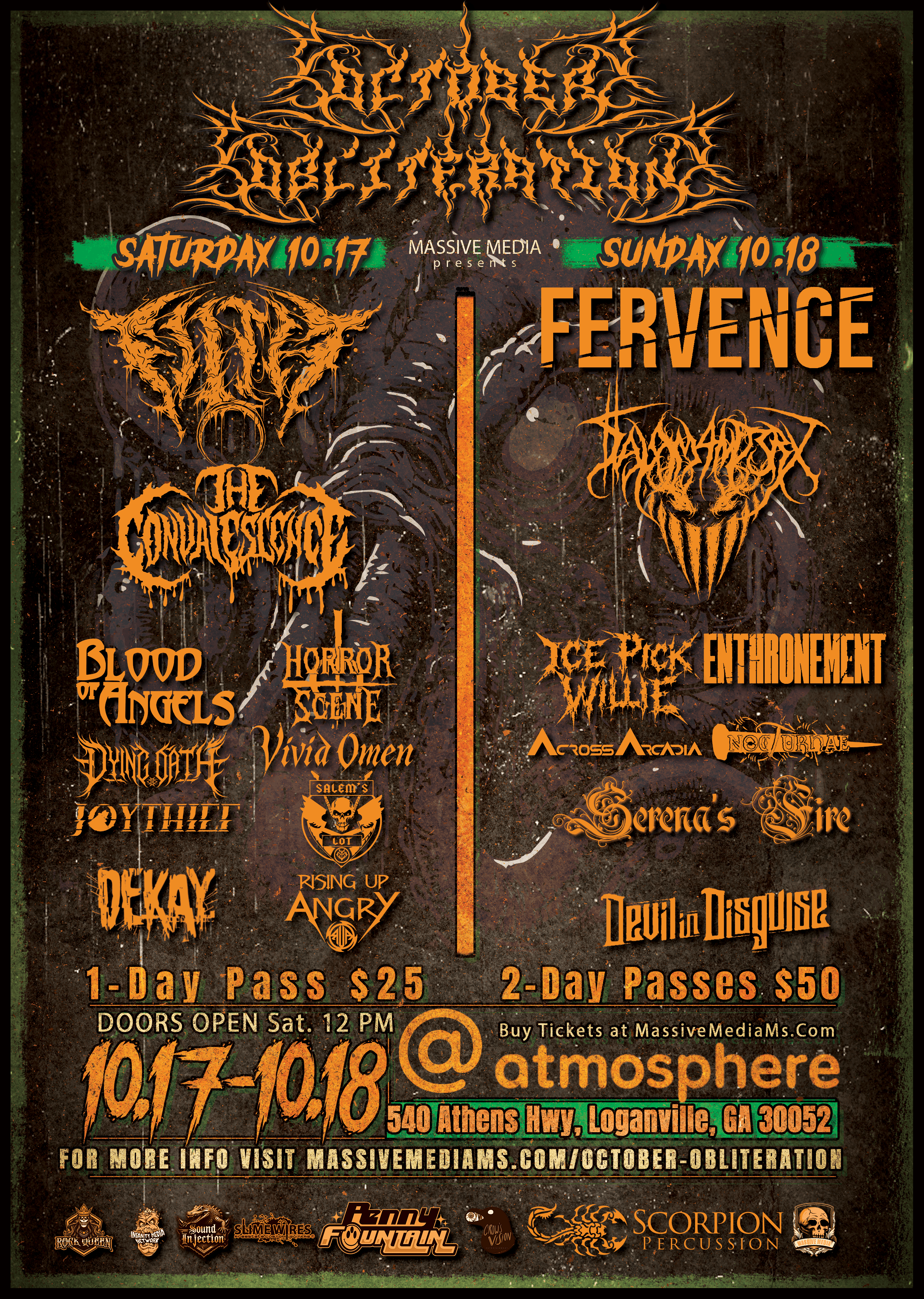 Event poster for a heavy metal concert featuring bands like Deicide and Fervence, with dates October 17-18, 2023, at Atmosphere in Georgia.