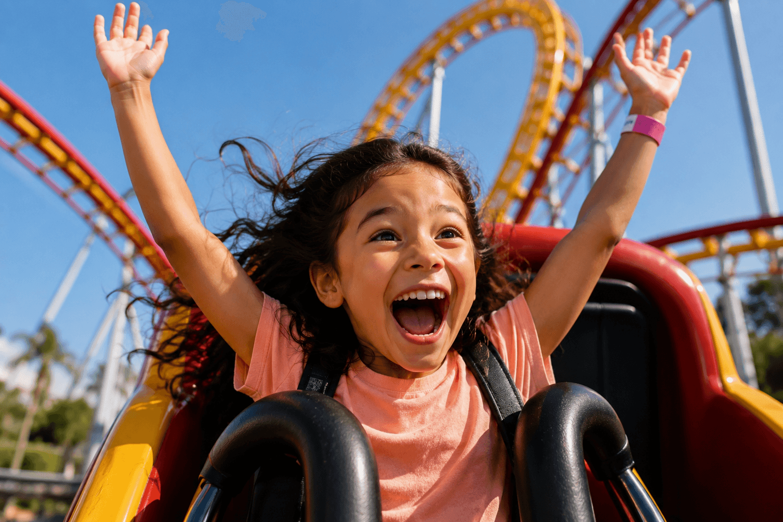 Excited girl with arms raised on a roller coaster ride at an amusement park, smiling widely, with roller coaster tracks in background.