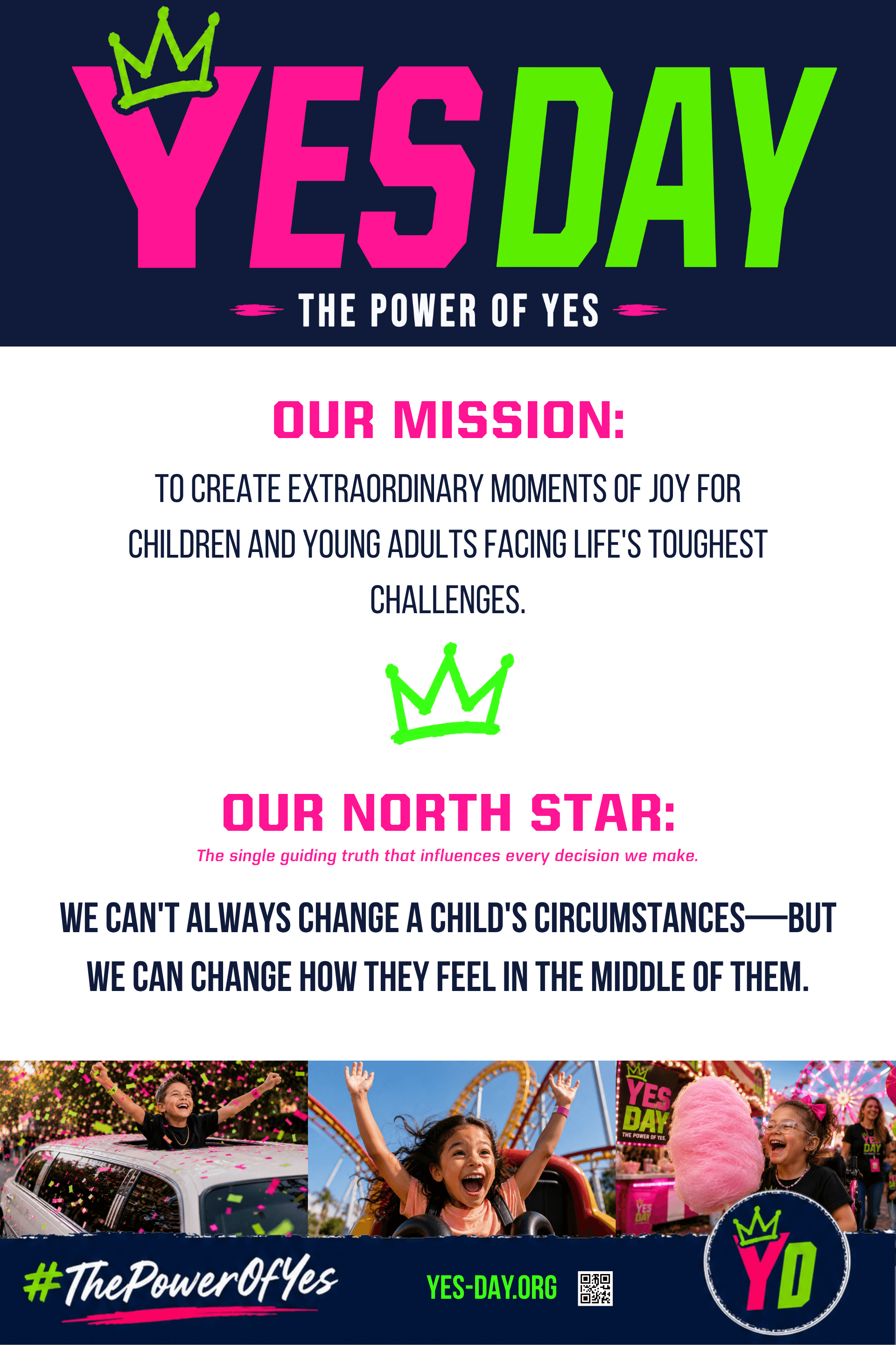 Text-based poster with colorful words and crowns, promoting joy and resilience for children and youth, with a pink and green theme.
