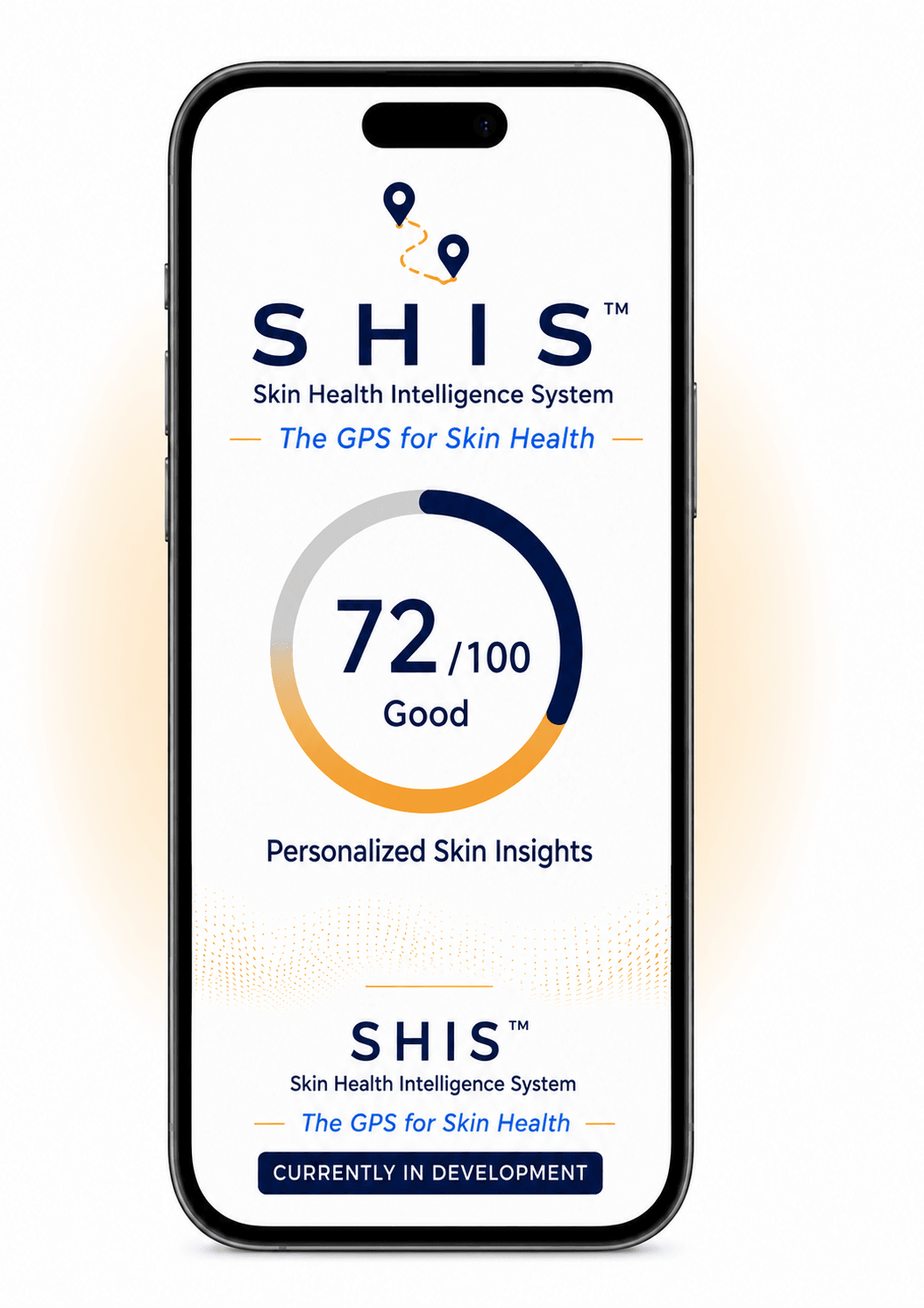 Smartphone screen displaying a skin health app with a score of 72 out of 100, labeled 'Good', and development status.