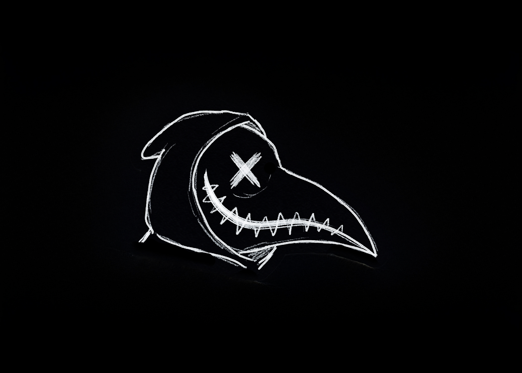 Drawing of a figure with a plague doctor mask, hood, and a stitched, smiling mouth, on a black background.