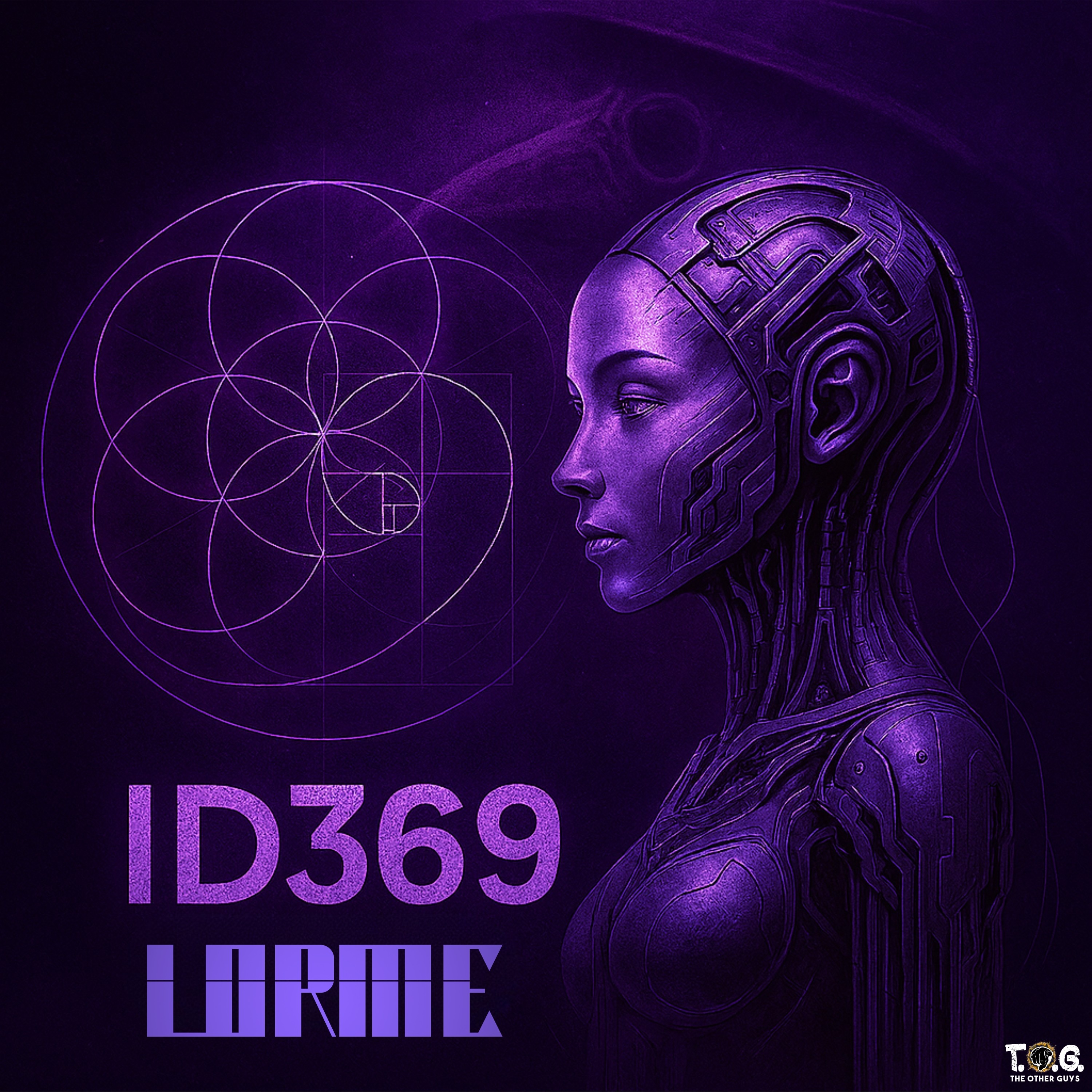 Futuristic female android with circuit patterns on her head and neck, set against a purple geometric background.