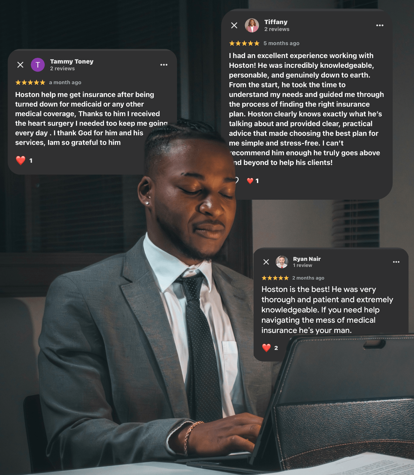 Man in suit working on laptop, with three chat messages overlayed, discussing insurance and customer service.