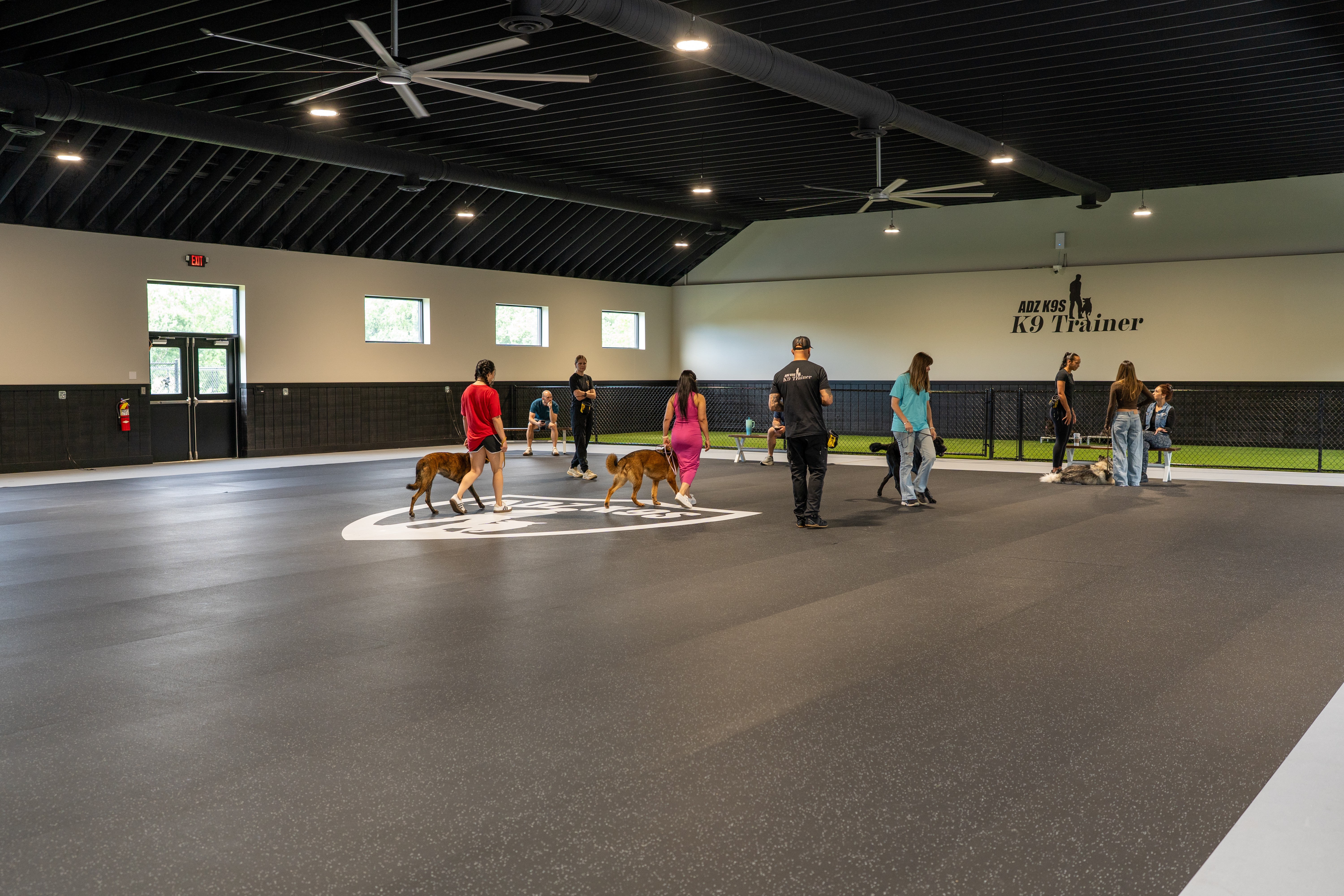 People and dogs inside an indoor training facility with a black ceiling and white walls, some walking and others standing.