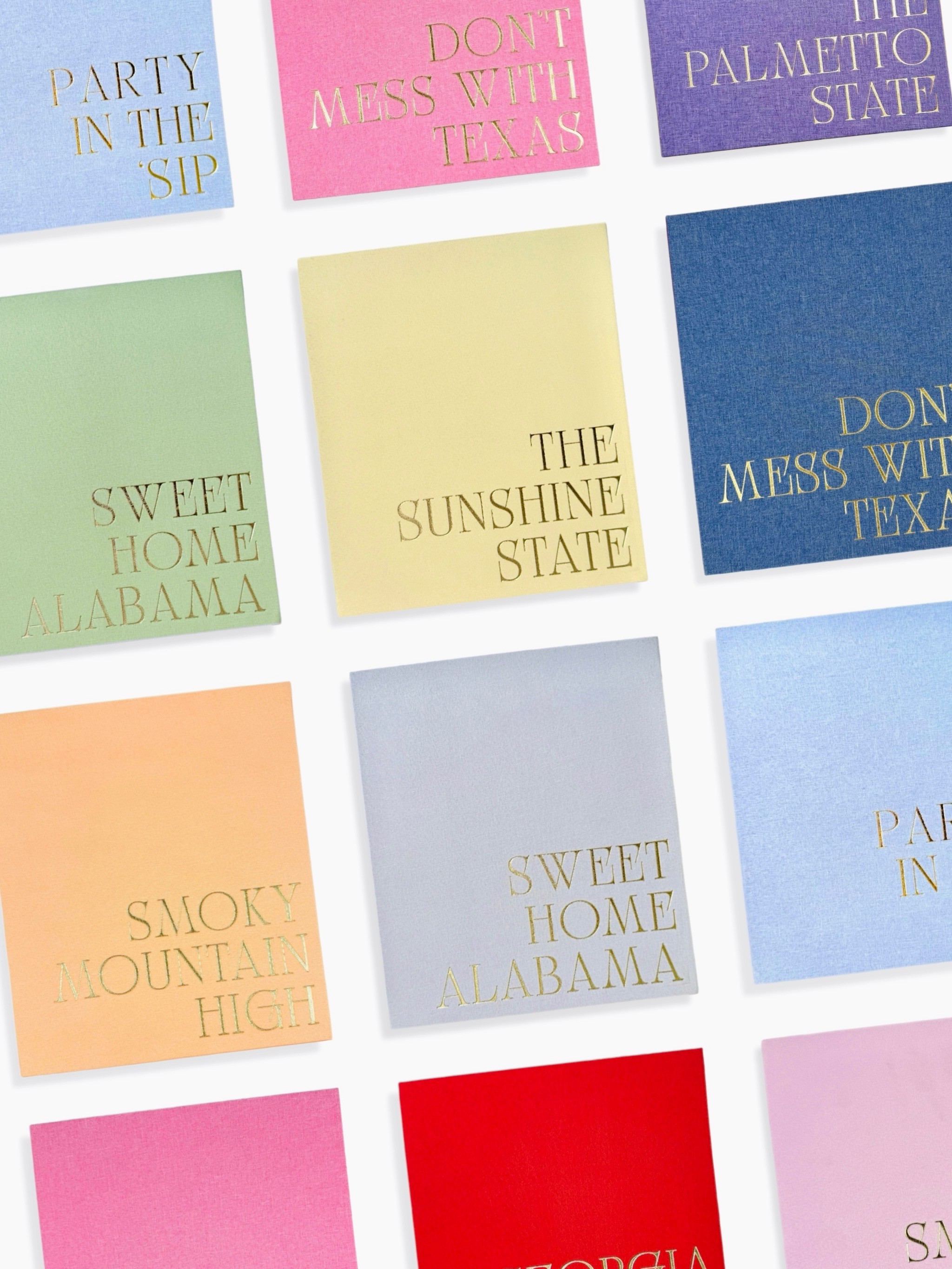 Colorful collection of rectangular cards with text, arranged in a grid pattern.