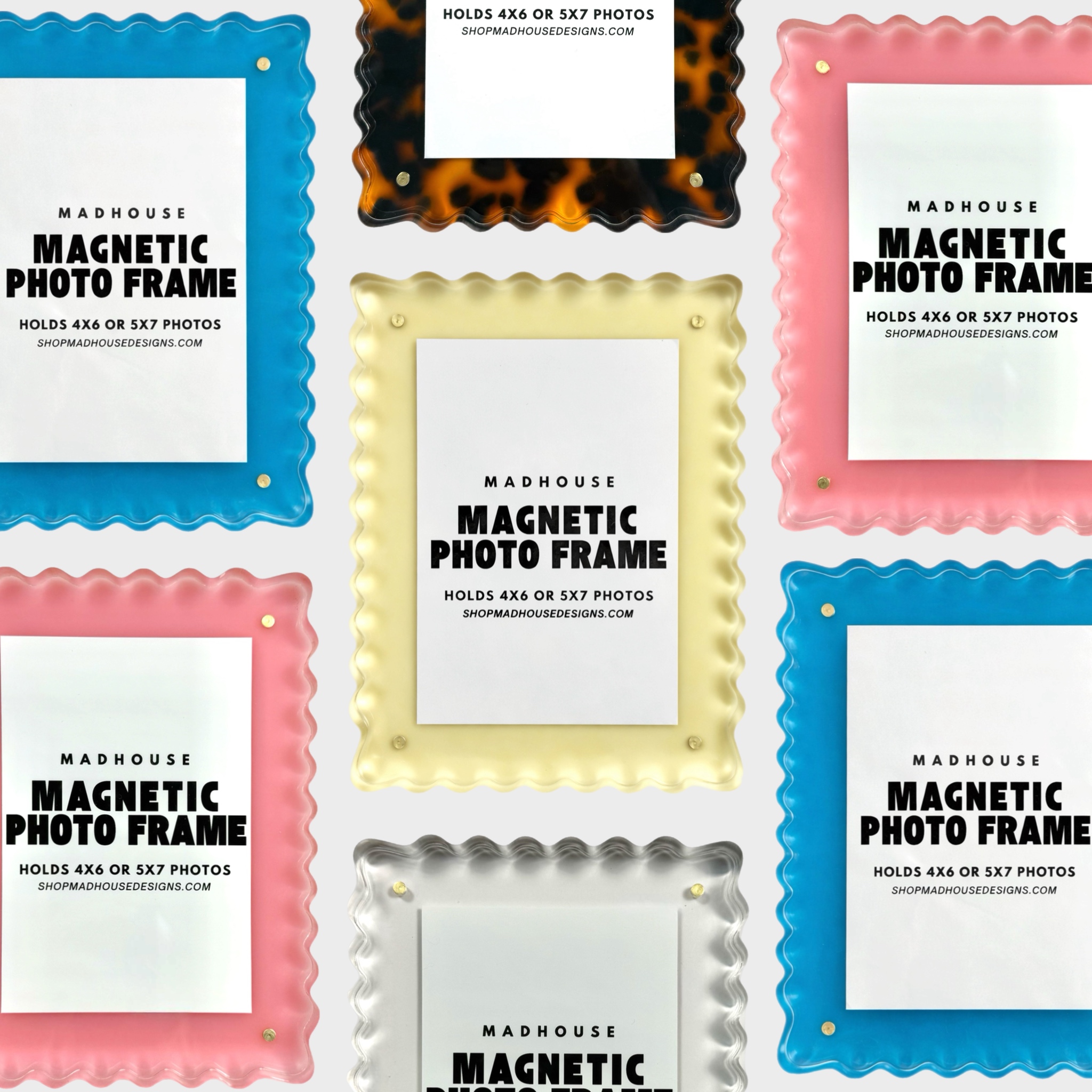 Six colorful magnetic photo frames arranged in a grid, with blue, pink, yellow, black, and gray frames, on a white background.