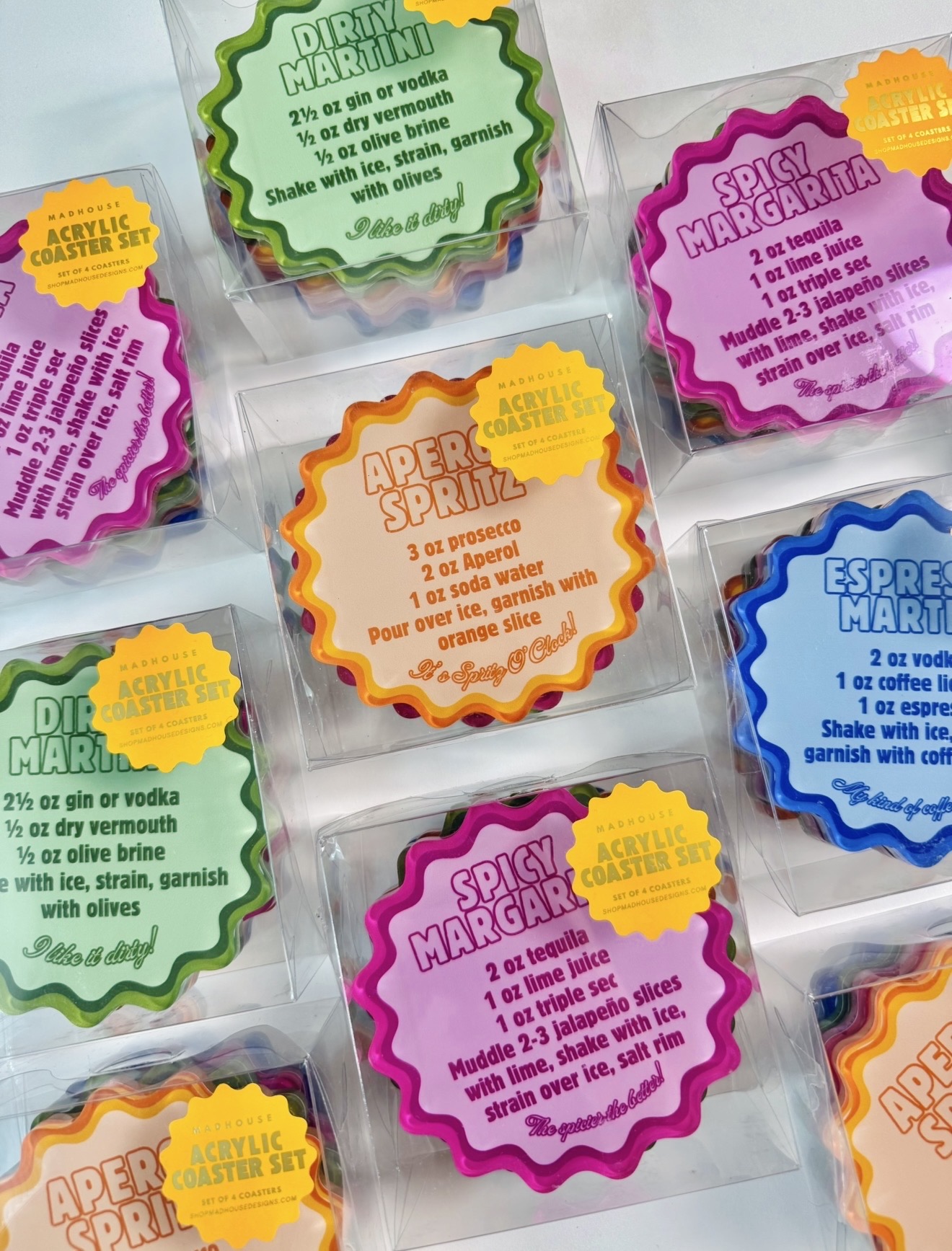 Assorted colorful spice and herb packets with labels, including parsley, marjoram, and marjoram, arranged in a grid.