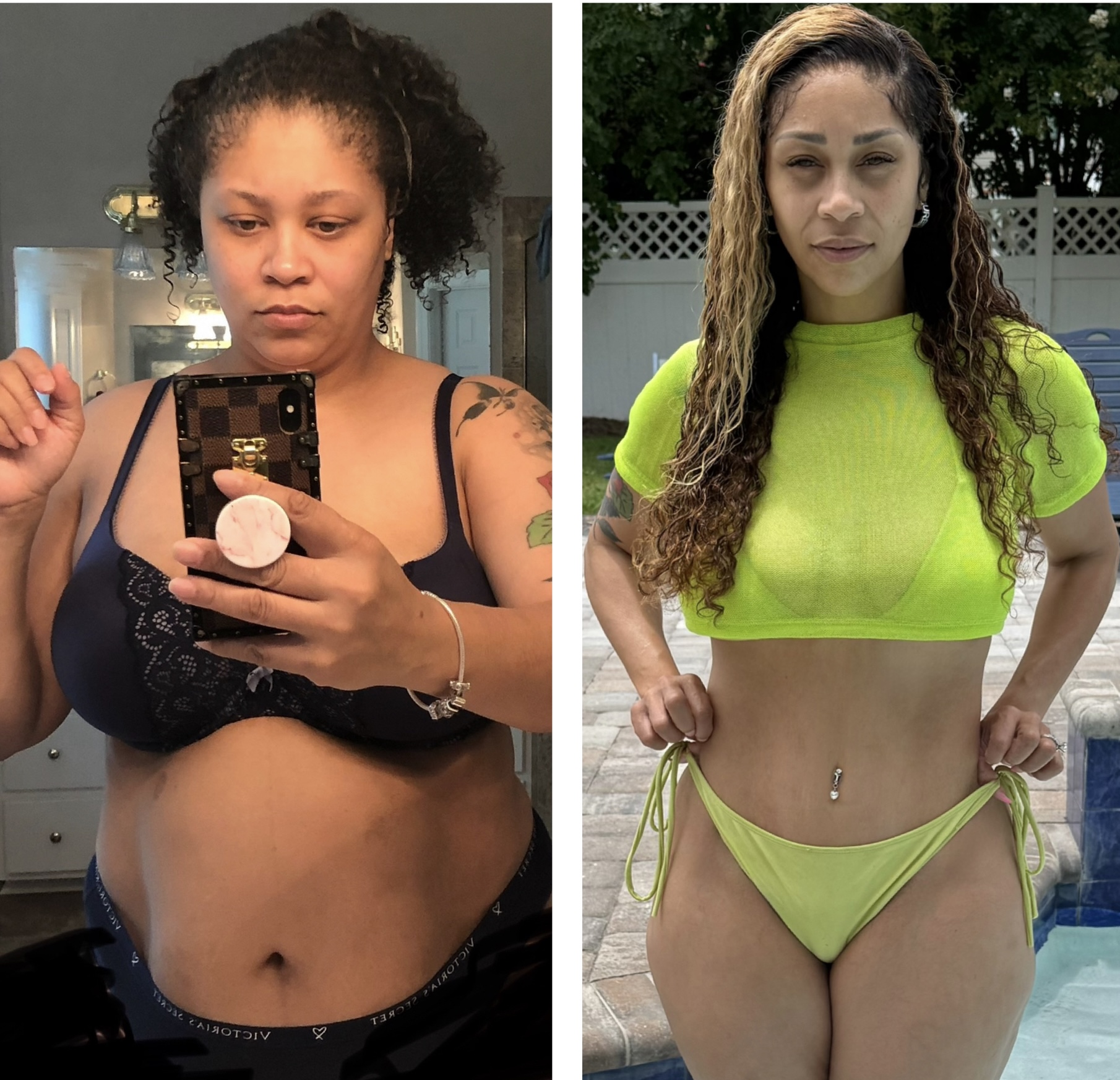 Two women outdoors, one in a neon green crop top and bikini bottom, the other in a black top, taking selfies.