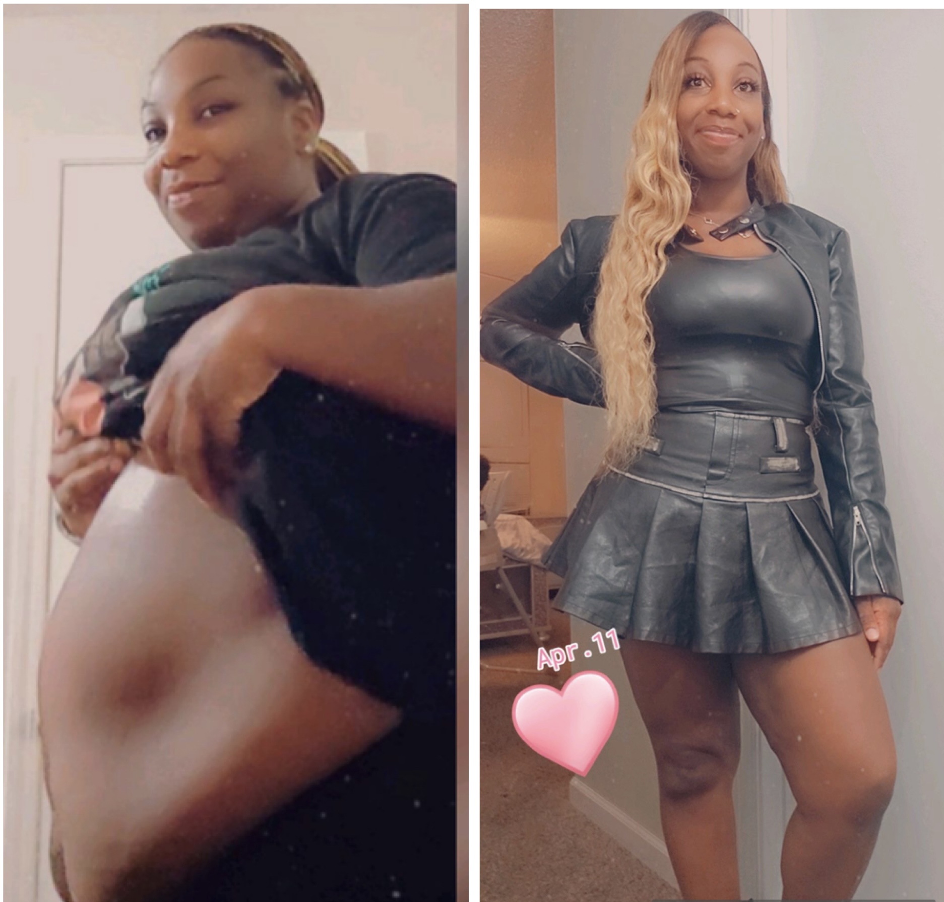 Side-by-side photos of a woman, one lifting her shirt and the other standing in a leather outfit, with a pink heart emoji.