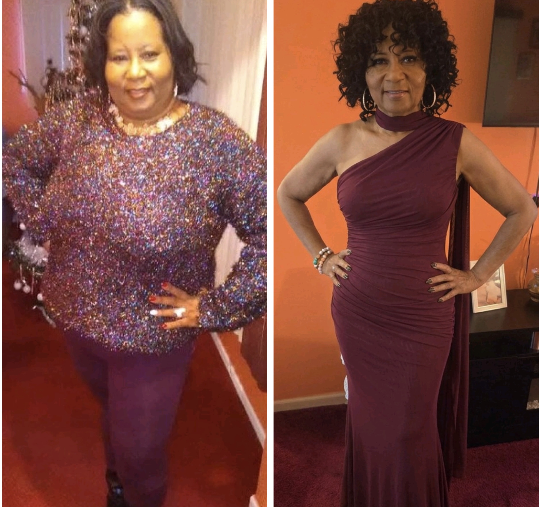 Two women in elegant dresses, one in a sparkly top and purple pants, the other in a maroon gown, posing indoors.