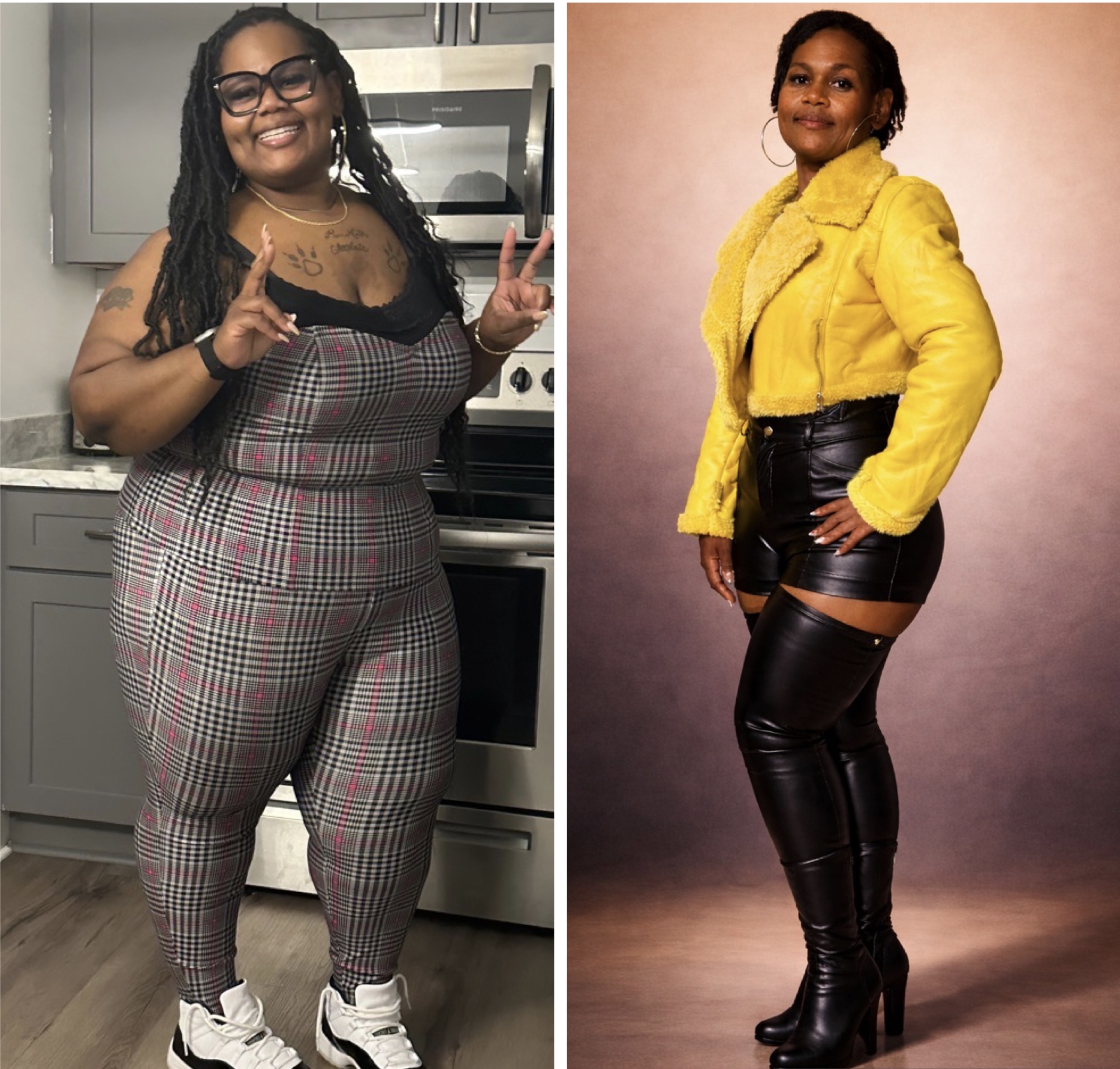 Two women posing, one in a plaid jumpsuit and the other in a yellow jacket with black shorts and thigh-high boots.