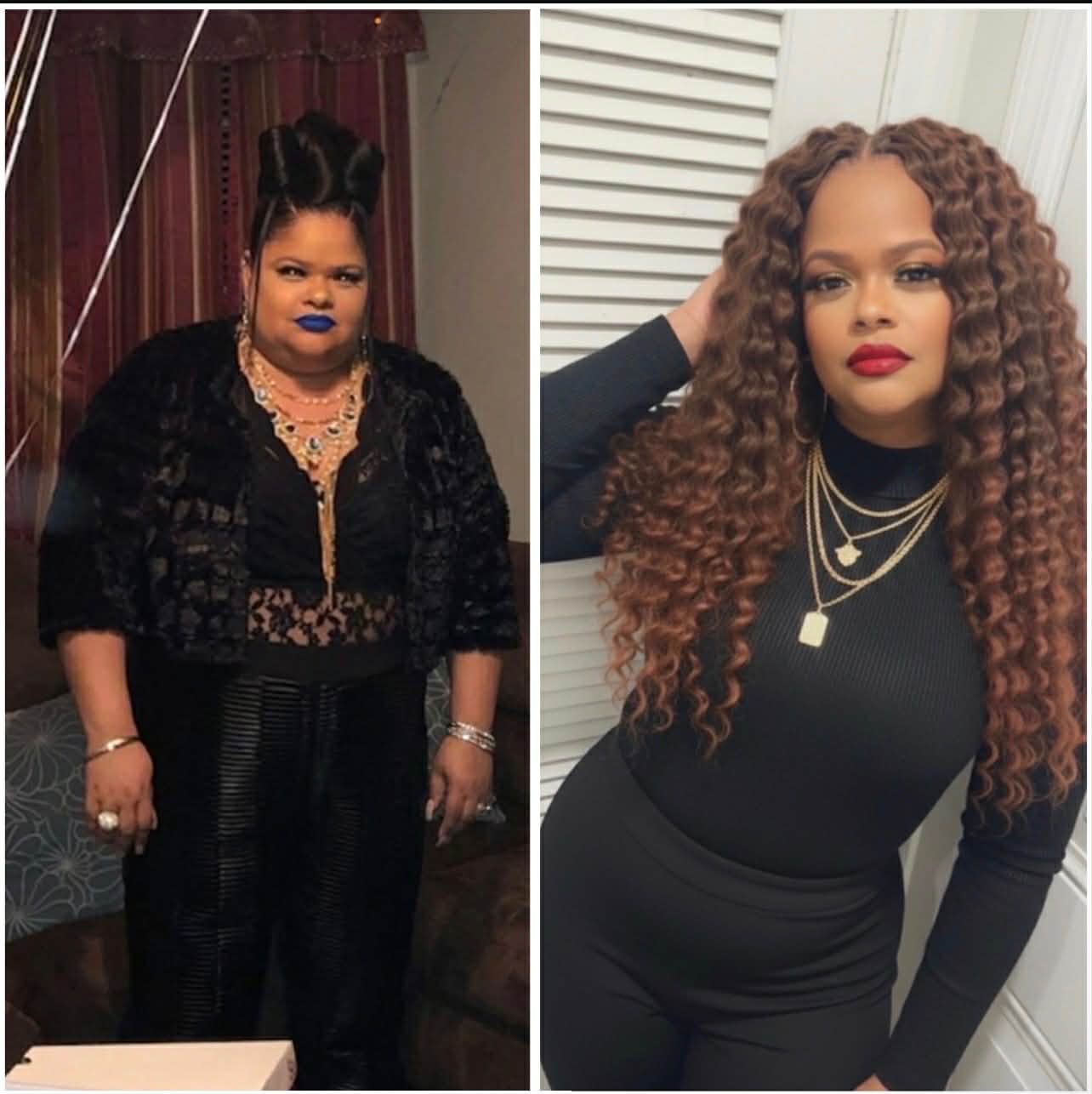 Two women with curly hair, one with dark lipstick and jewelry, the other with red lipstick and layered necklaces, posing indoors.