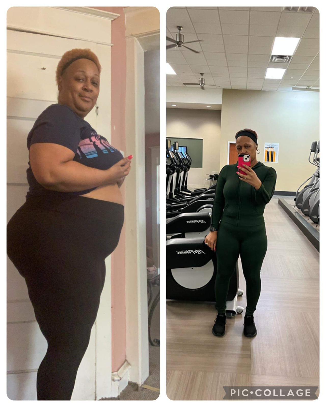 Side-by-side photos of a woman before and after weight loss, standing indoors, smiling, wearing dark clothing, in different settings.