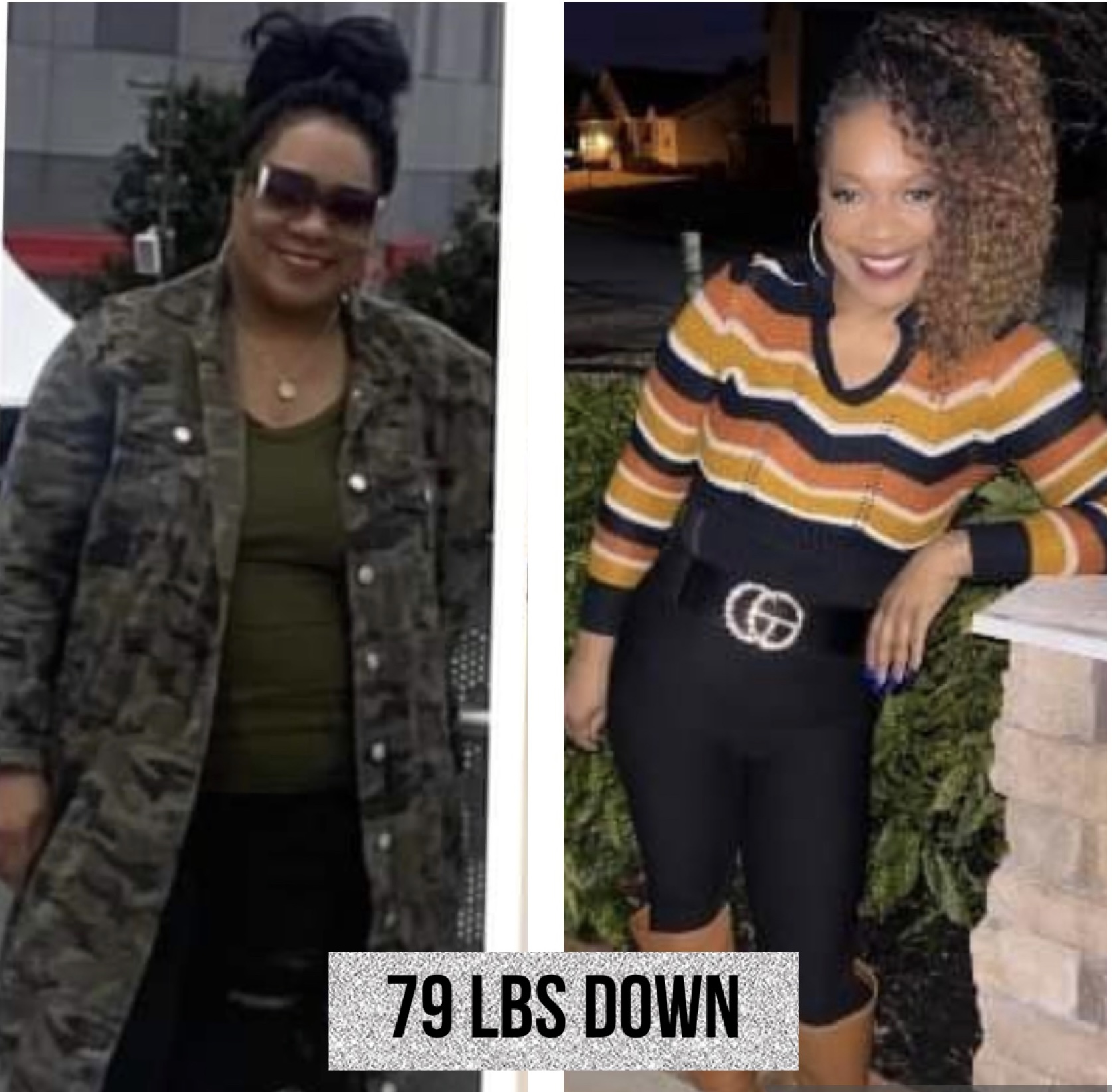 Two women smiling outdoors, one in camouflage jacket and glasses, the other in striped top and black shorts, with text '79 LBS DOWN'.
