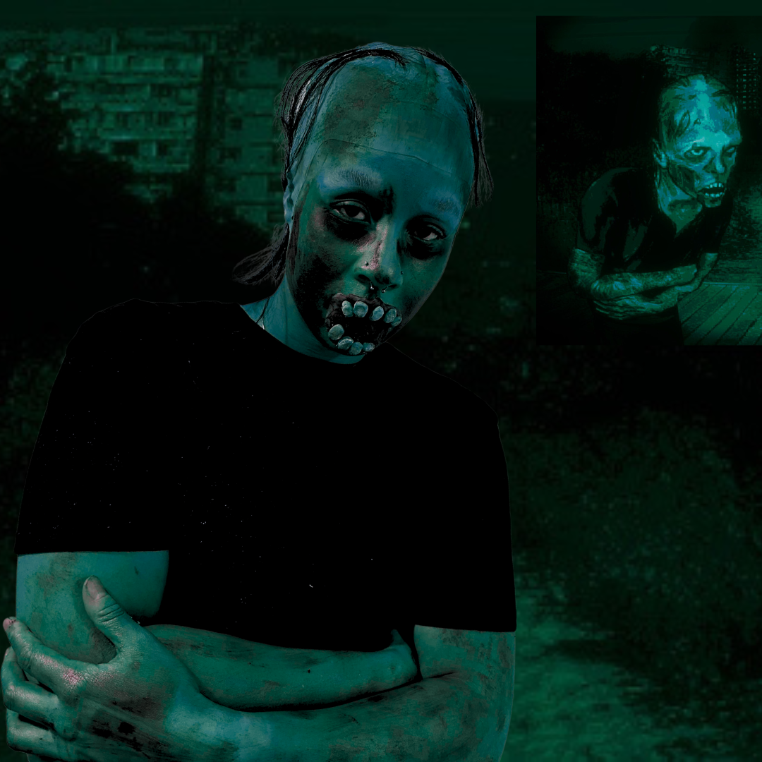 A person with a distorted face and dark clothing, arms crossed, in a dark environment with a smaller inset image of another person.