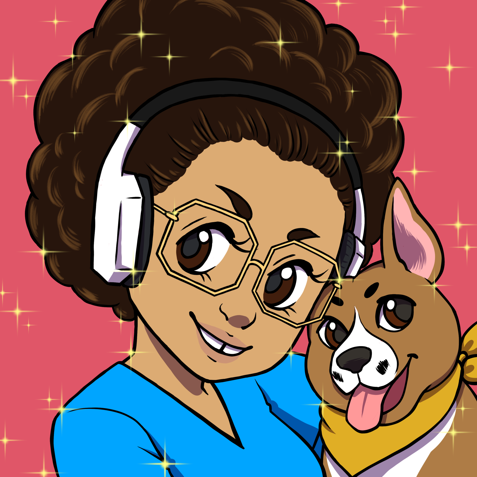Cartoon woman with curly hair wearing headphones, glasses, and a blue shirt, smiling with a dog on a pink background with sparkles.
