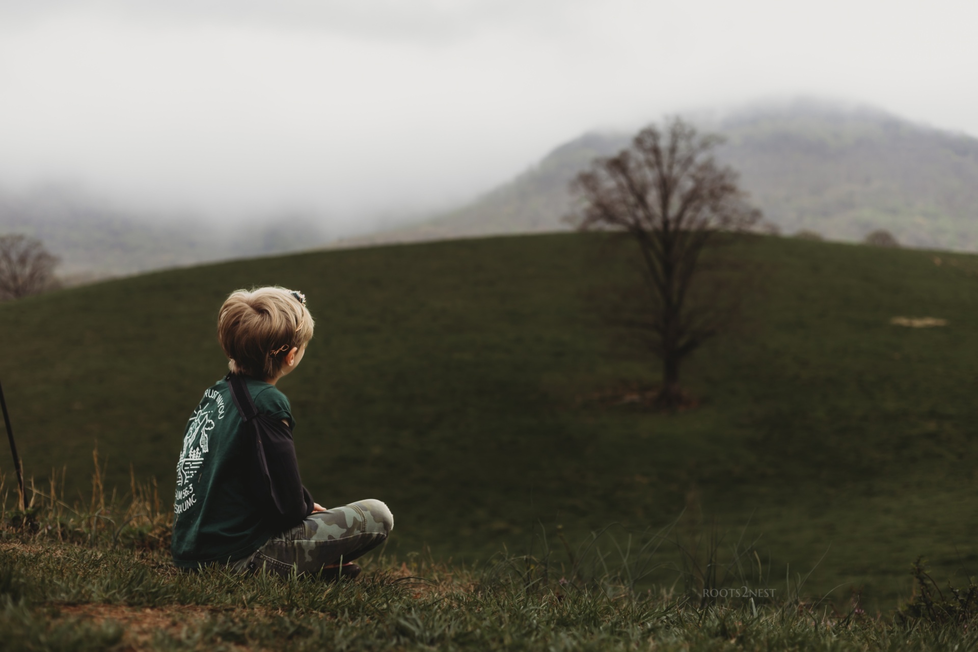 Child sitting on grass hill, looking at a lone tree and distant mountains under cloudy sky.